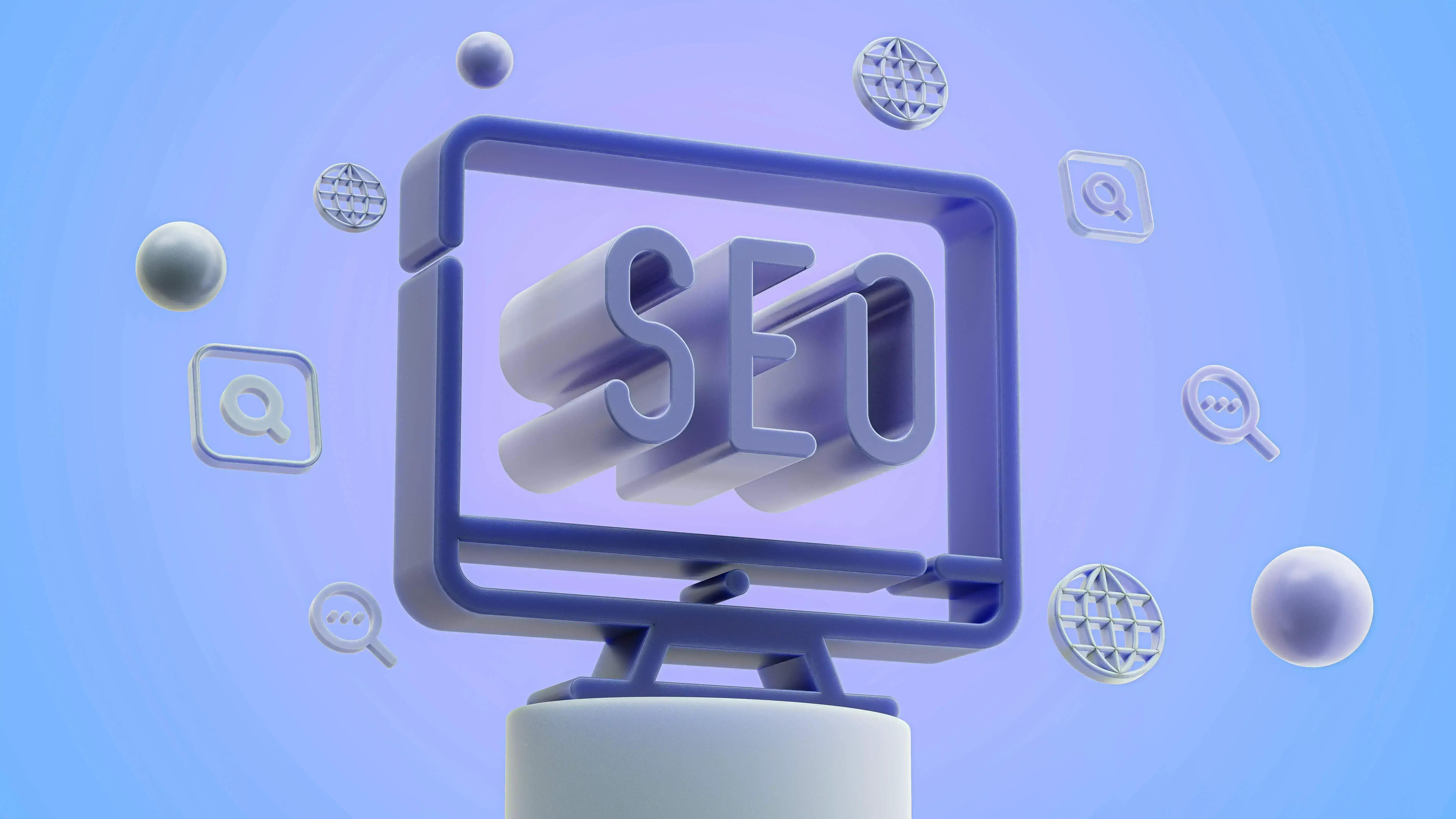 3D illustration of the word "SEO" displayed on a computer screen icon, surrounded by magnifying glass and globe icons against a blue gradient background.