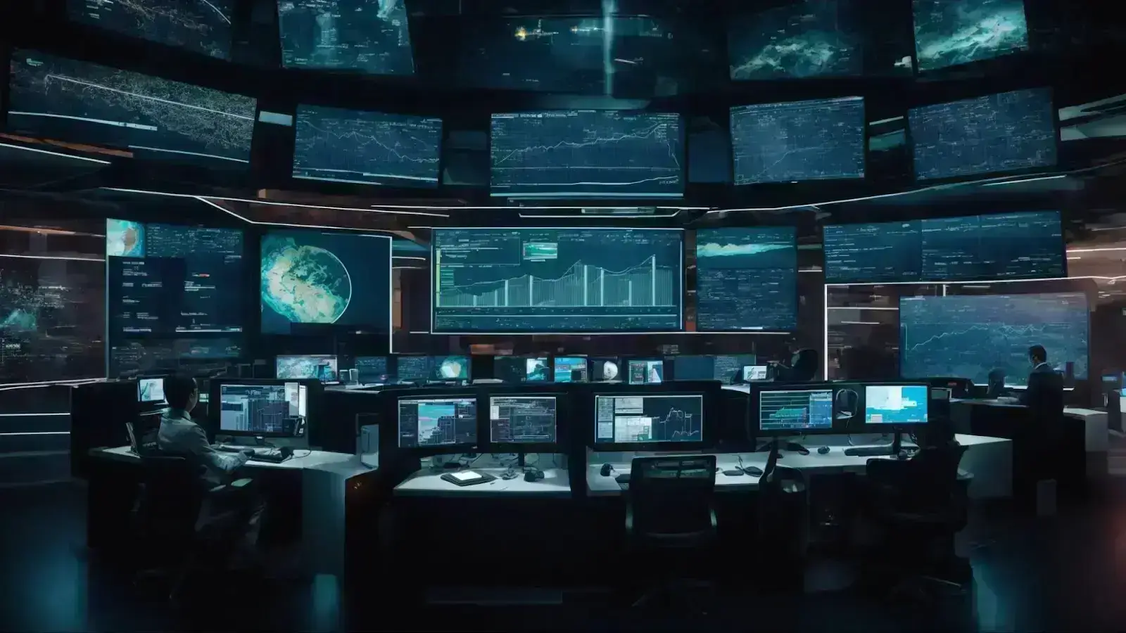 a futuristic command center bustling with screens displaying interactive graphs, charts, and marketing analytics, symbolizing ai-driven digital advertising strategy.
