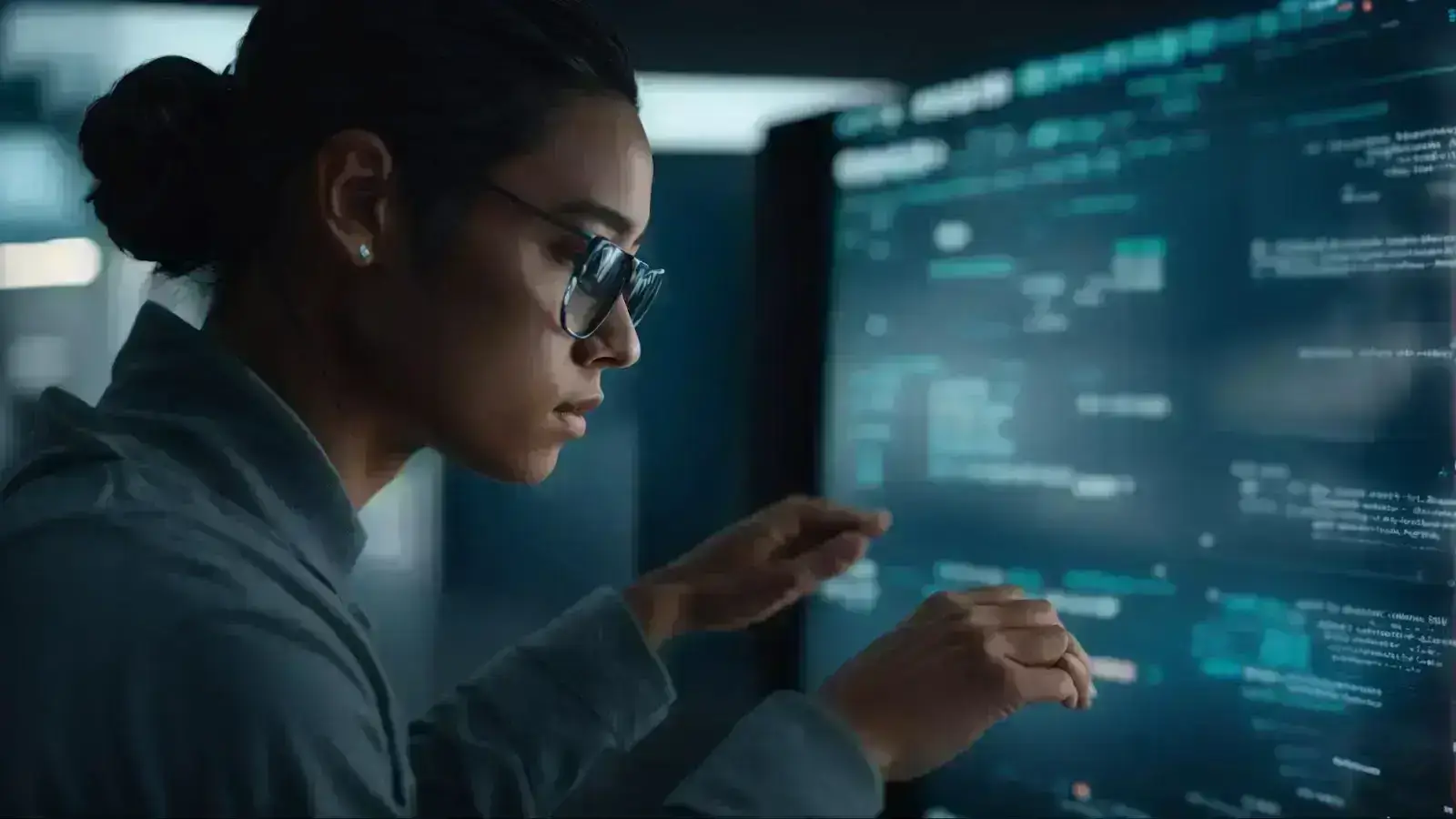 a digital marketer observes an interactive ai interface customizing user profiles on a futuristic touchscreen.