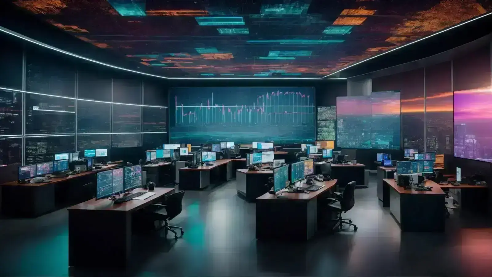 a futuristic office with multiple large screens displaying colorful graphs and analytics, with a central ai interface orchestrating digital campaigns.