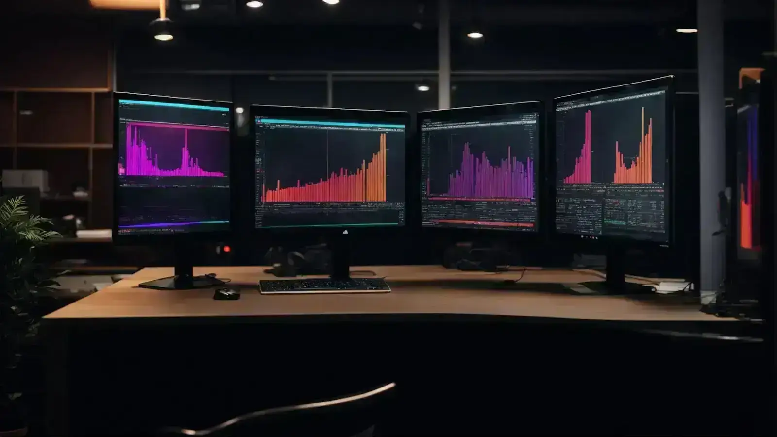 a row of computers displaying colorful graphs and ai algorithms amidst a modern digital marketing agency.