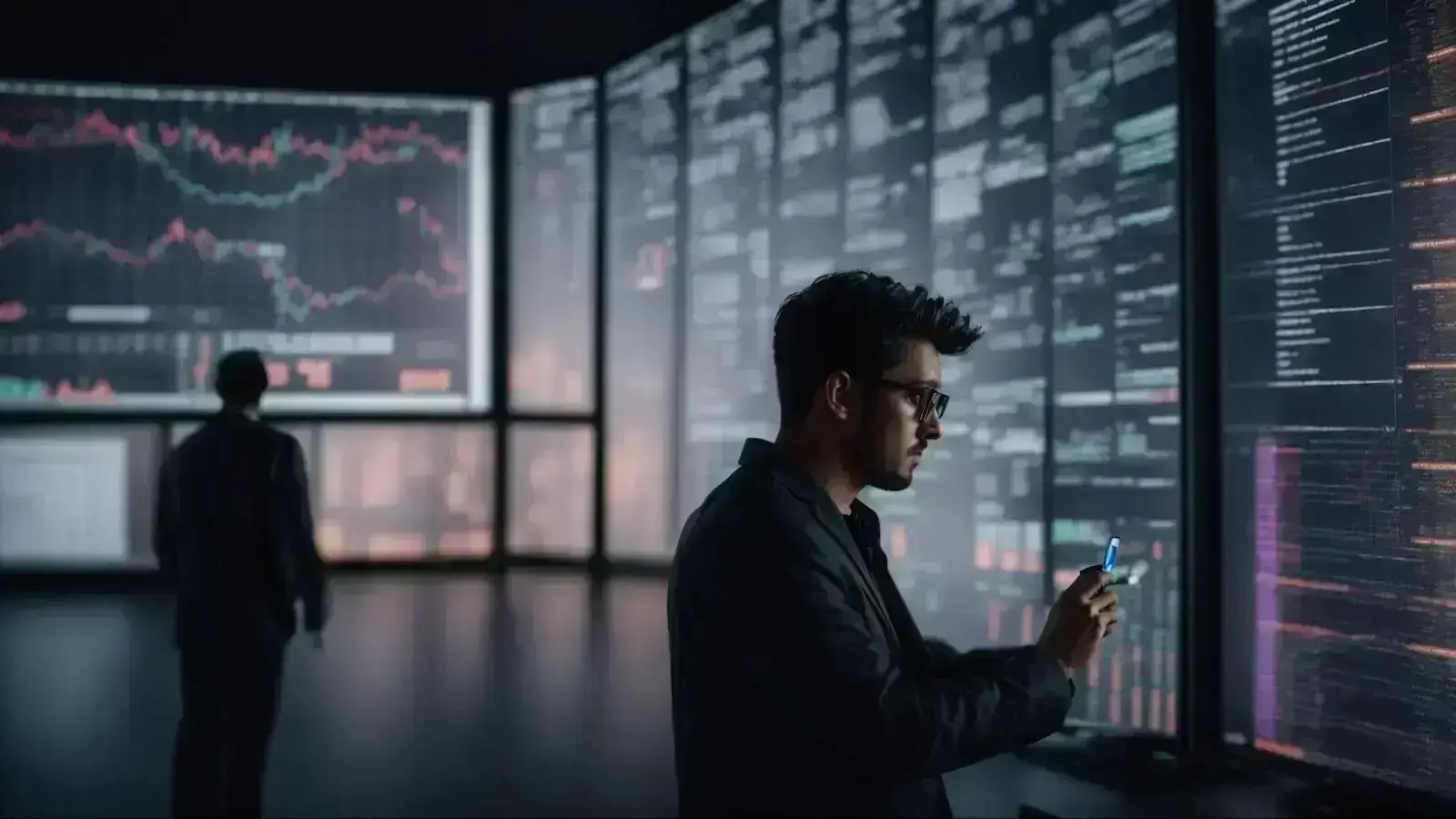 a digital marketer gazes at a complex data visualization display while ai-powered software processes information on a screen.