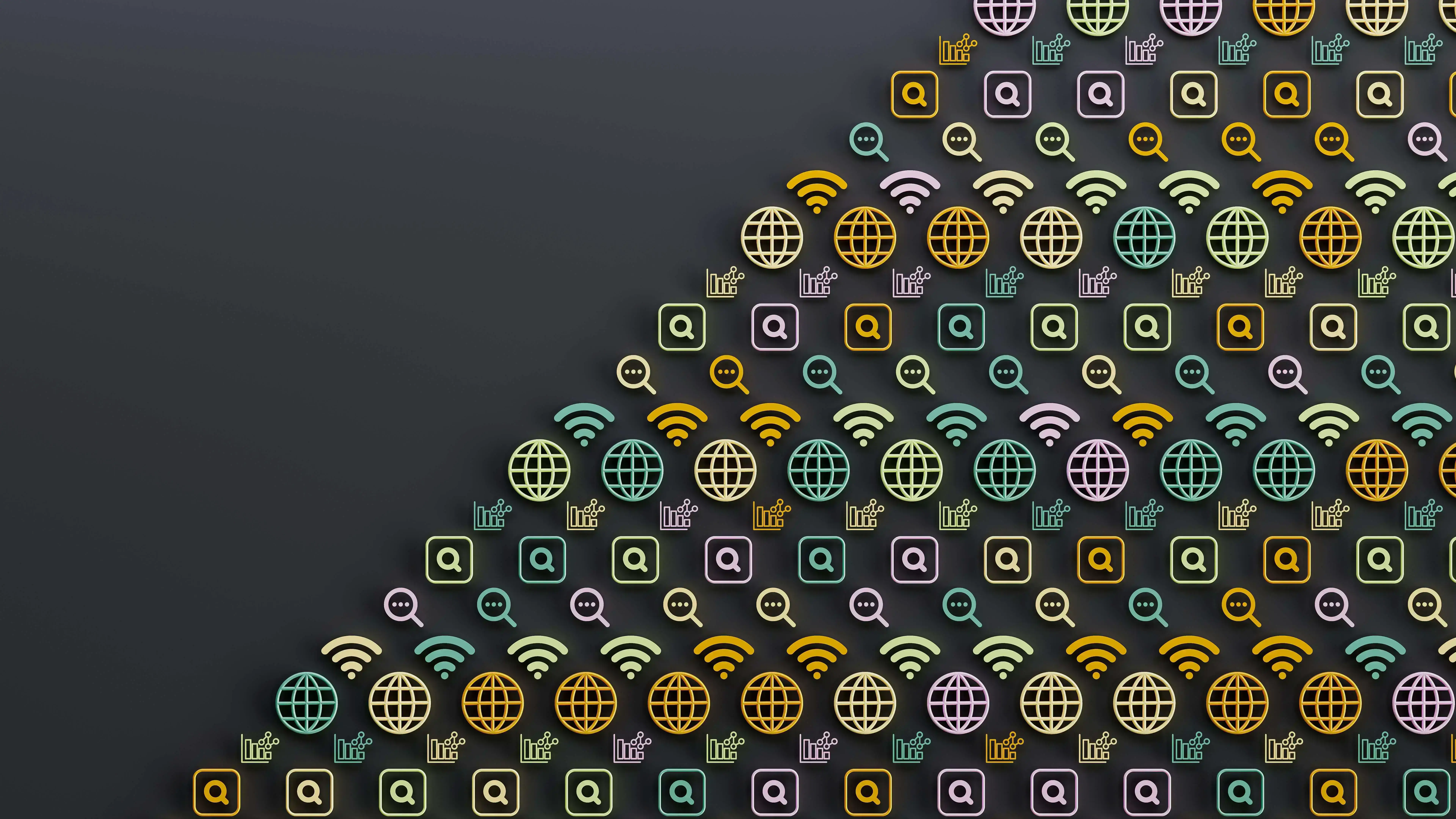 A gradient background transitions from light to dark gray while numerous icons, including globes, Wi-Fi signals, magnifying glasses, and thumbs-up icons, are arranged in a triangular pattern.