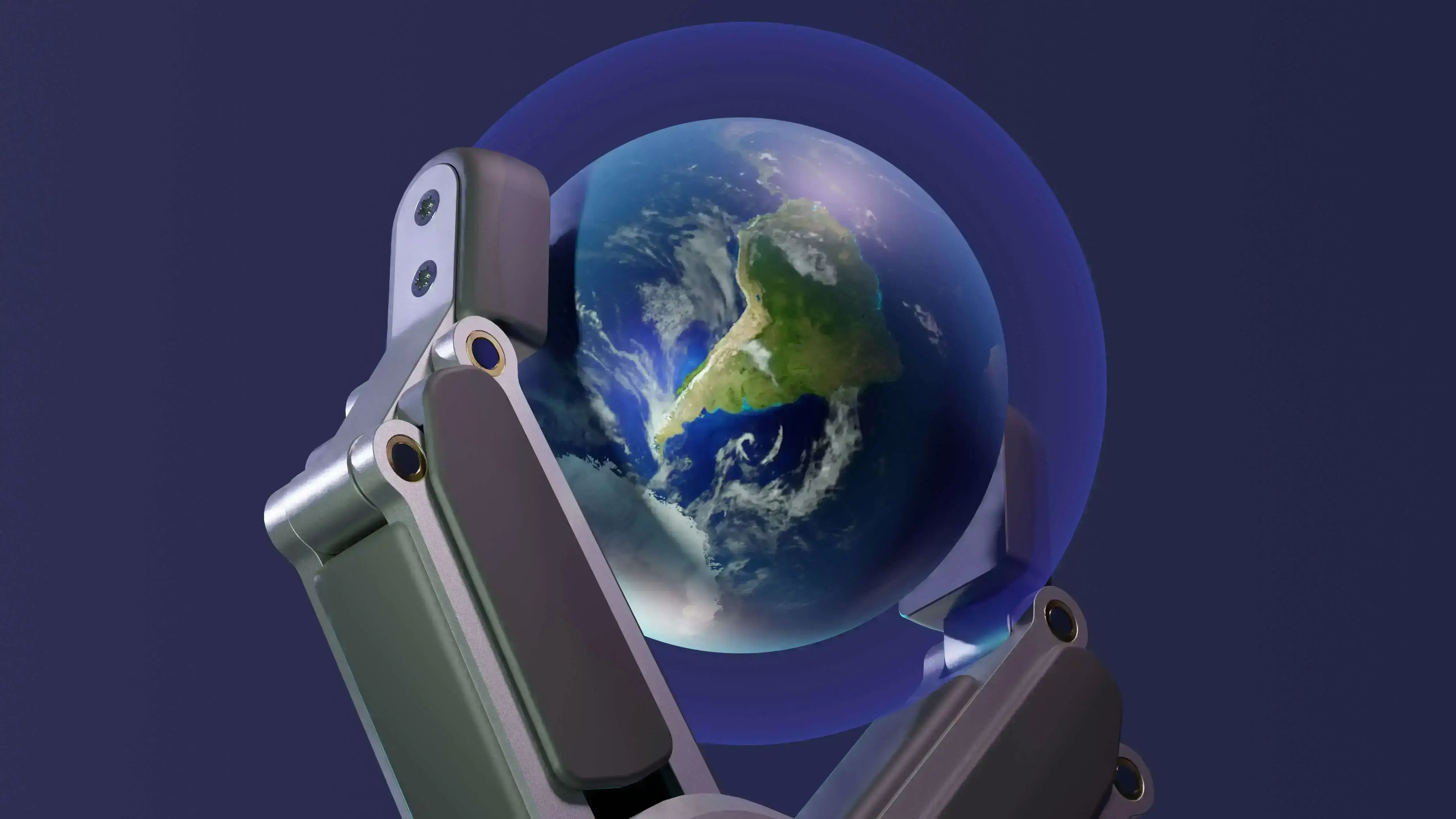 A robotic hand gently holds a glowing globe of Earth, highlighting South America.