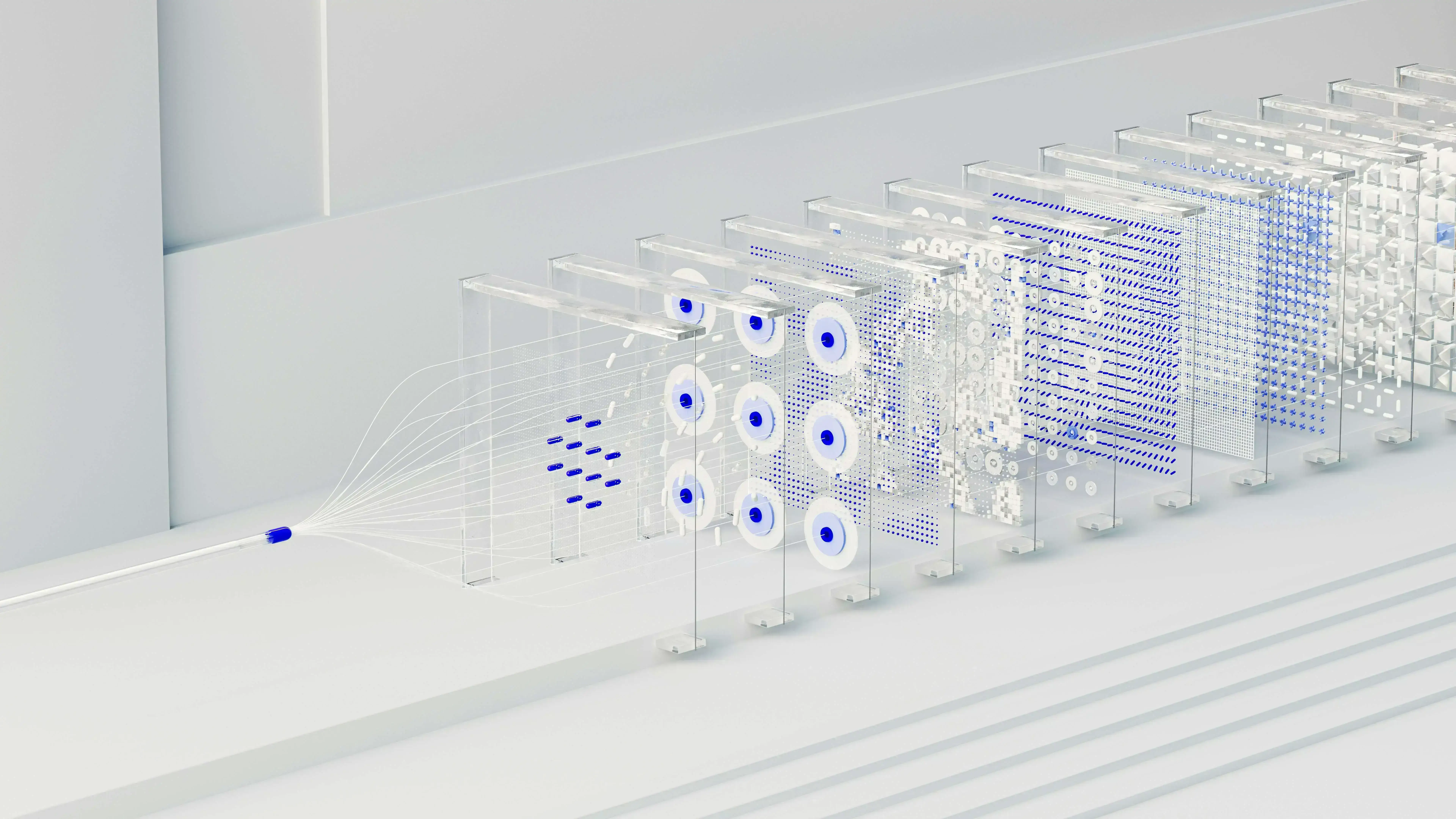 A digital abstract image showcasing a series of transparent panels aligned in a row.
