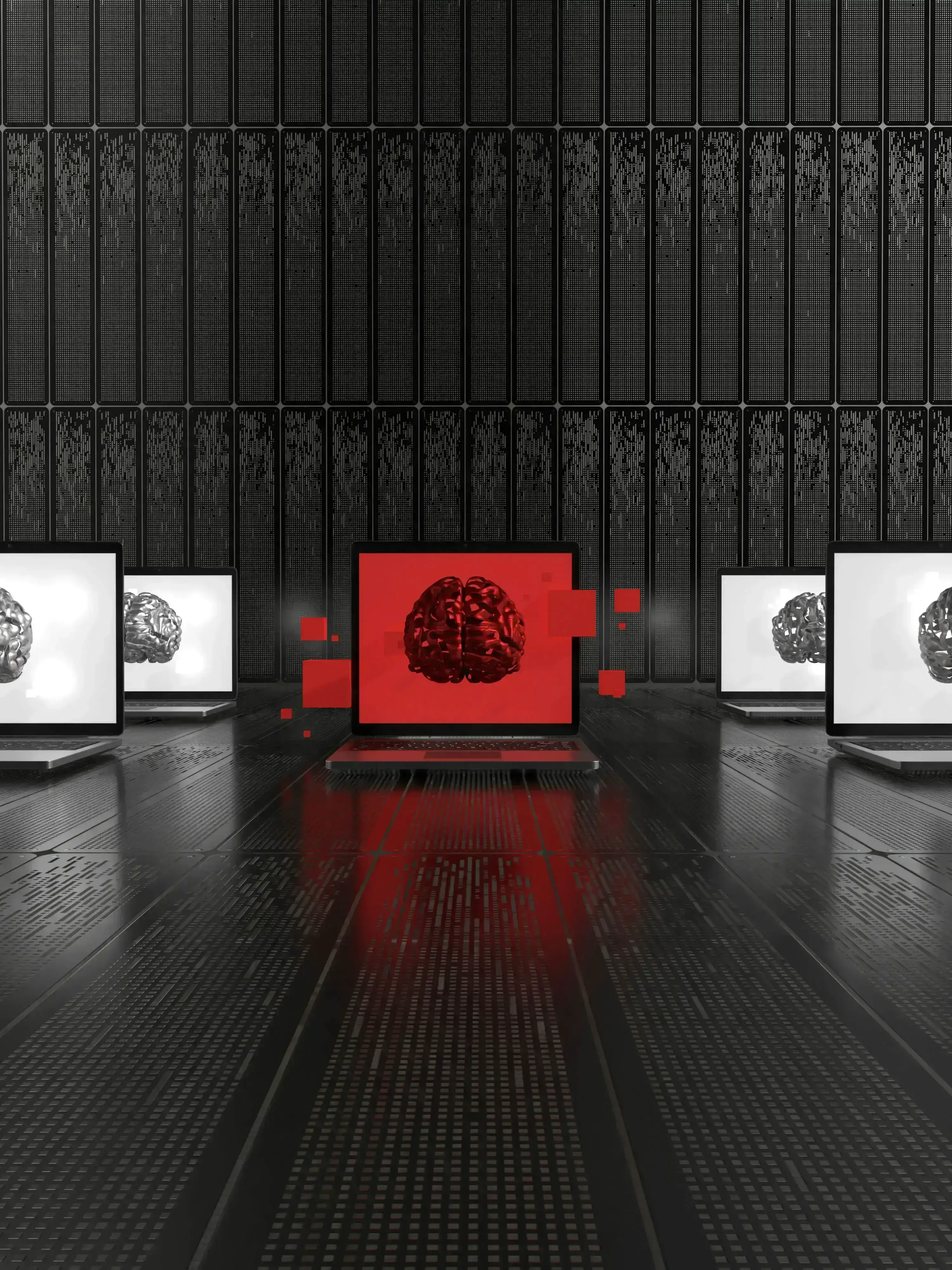 A digital illustration featuring several laptops arranged in a semicircle, each displaying a brain on the screen.