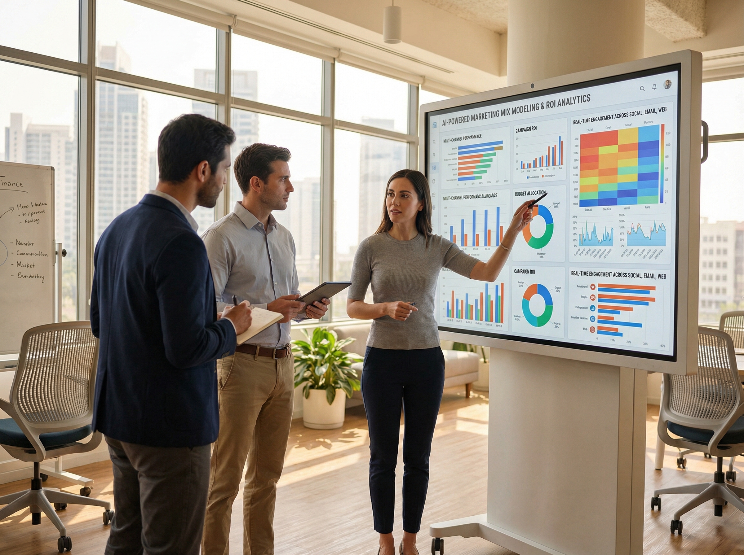 Marketing team analyzing AI-powered marketing mix modeling dashboard with ROI metrics