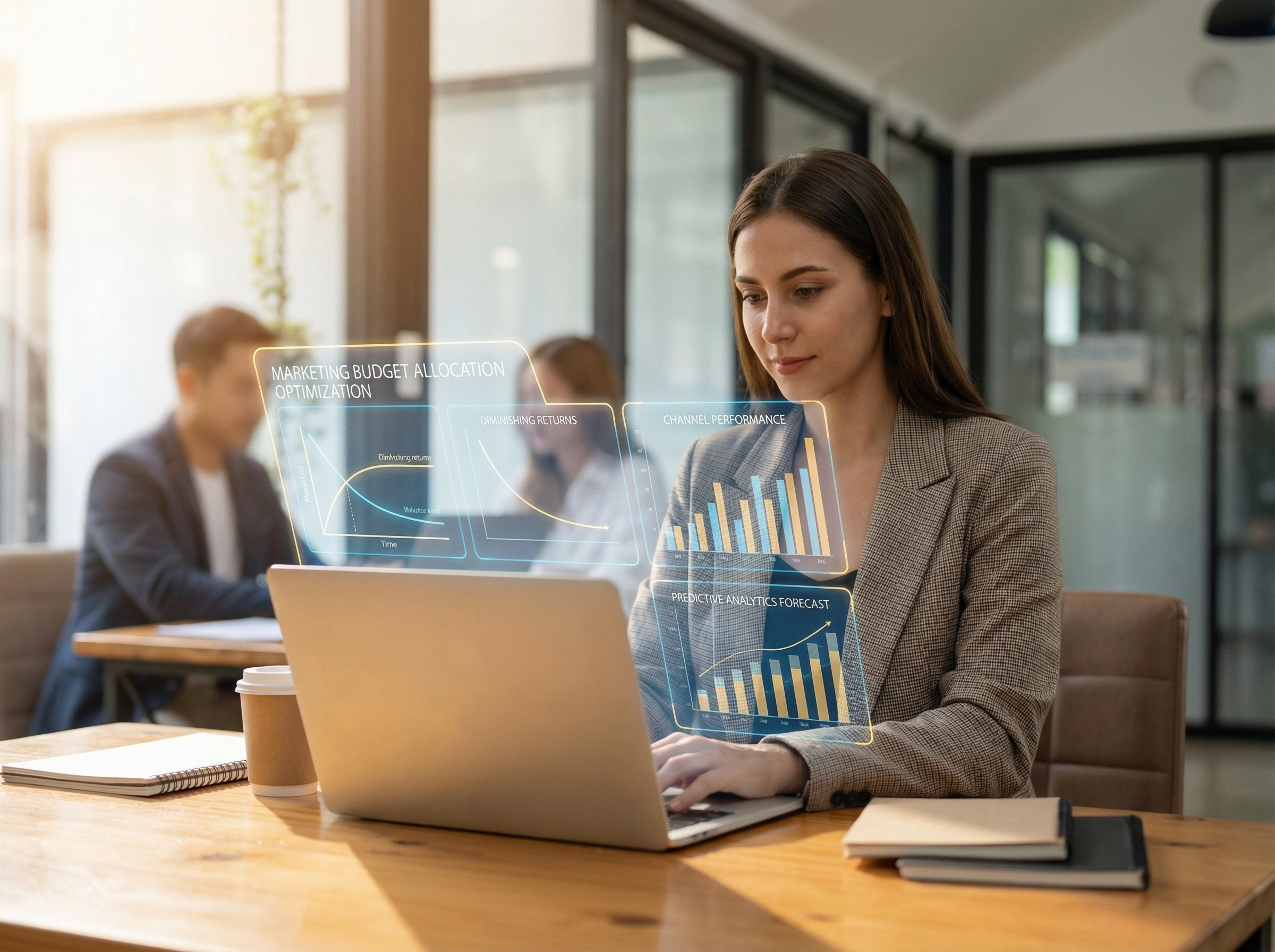 Budget allocation optimization visualization showing diminishing returns curves and AI predictions