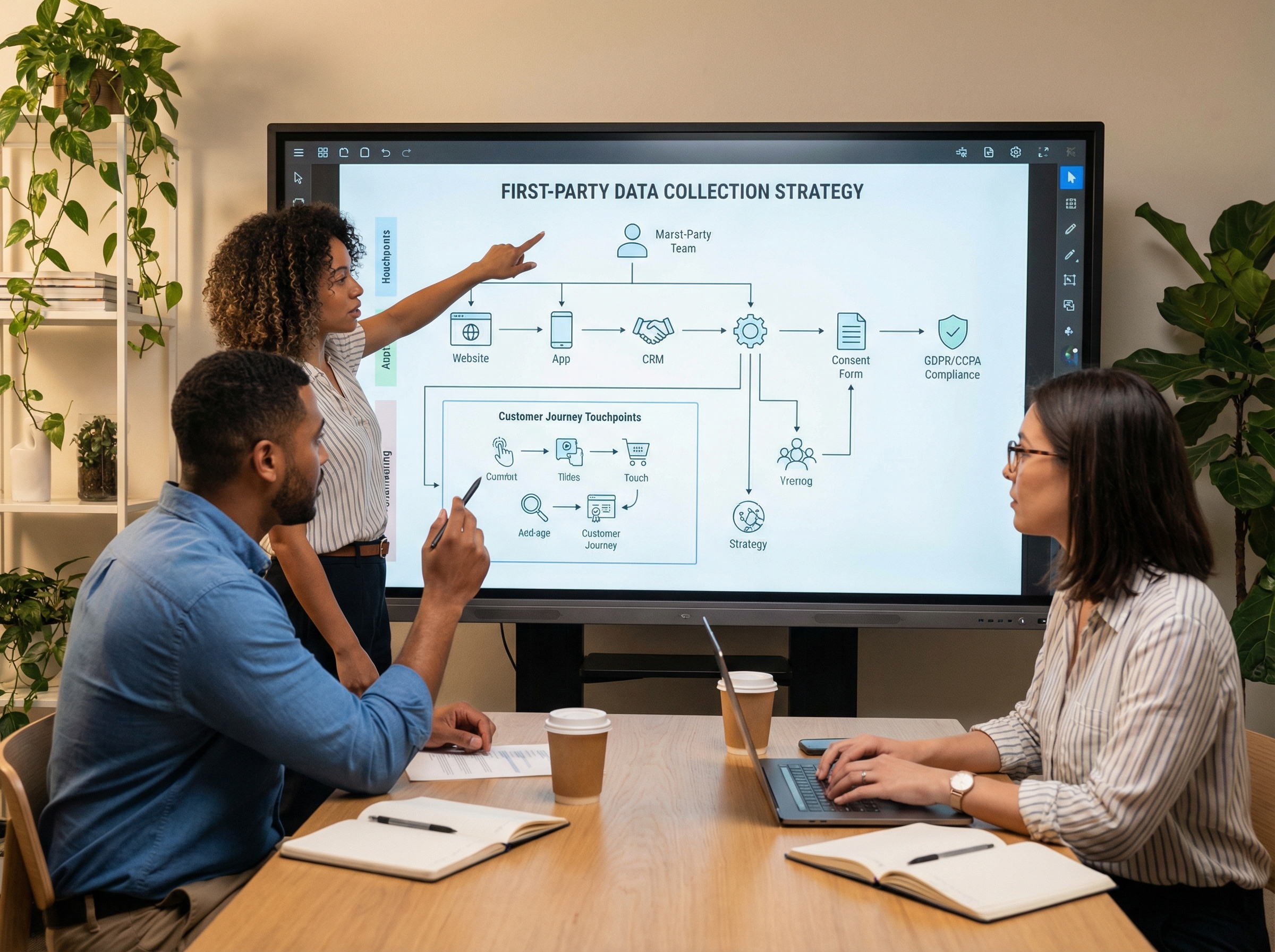 Marketing team developing first-party data collection strategy