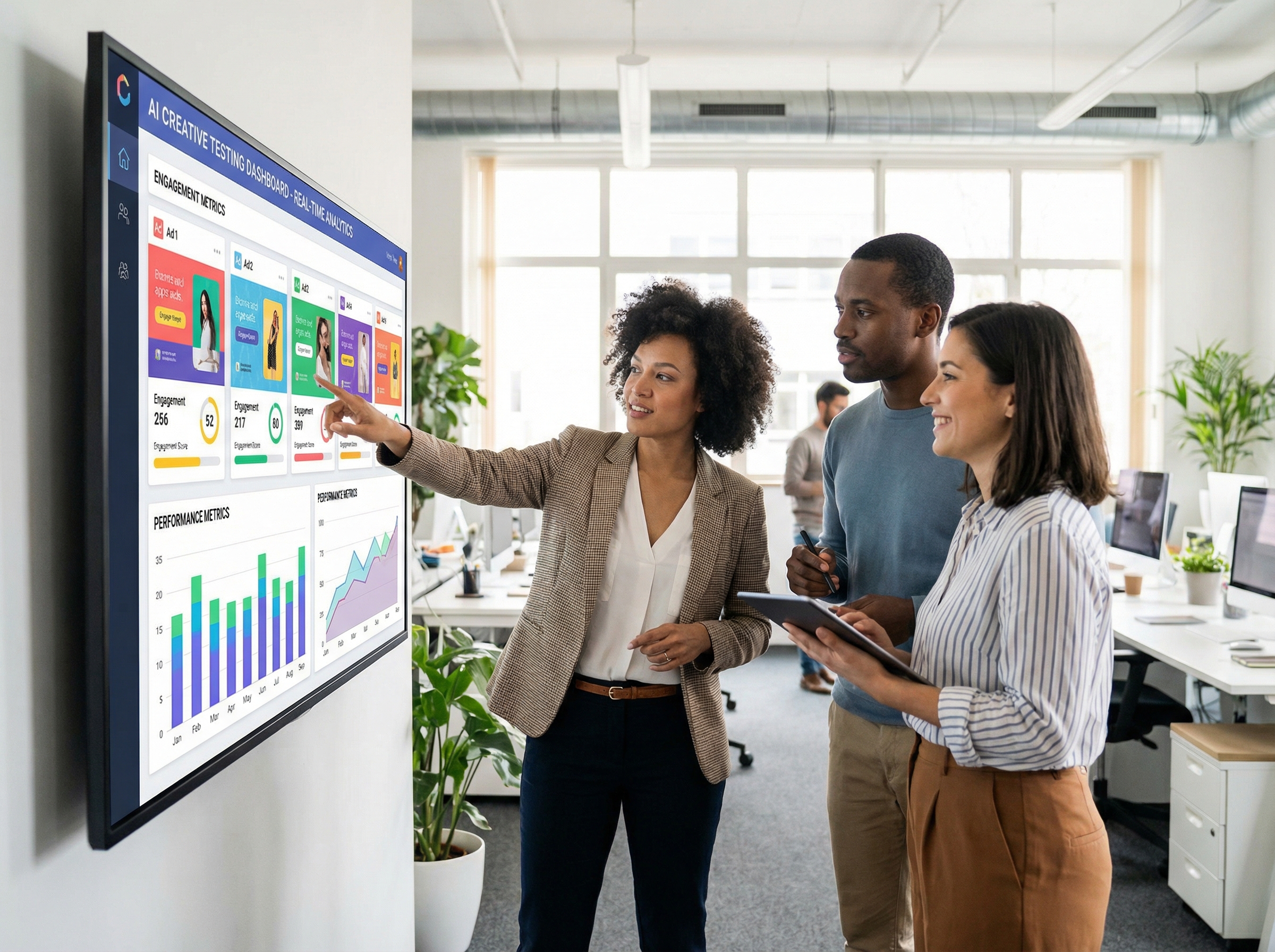 Marketing team reviewing AI creative testing dashboard with performance metrics