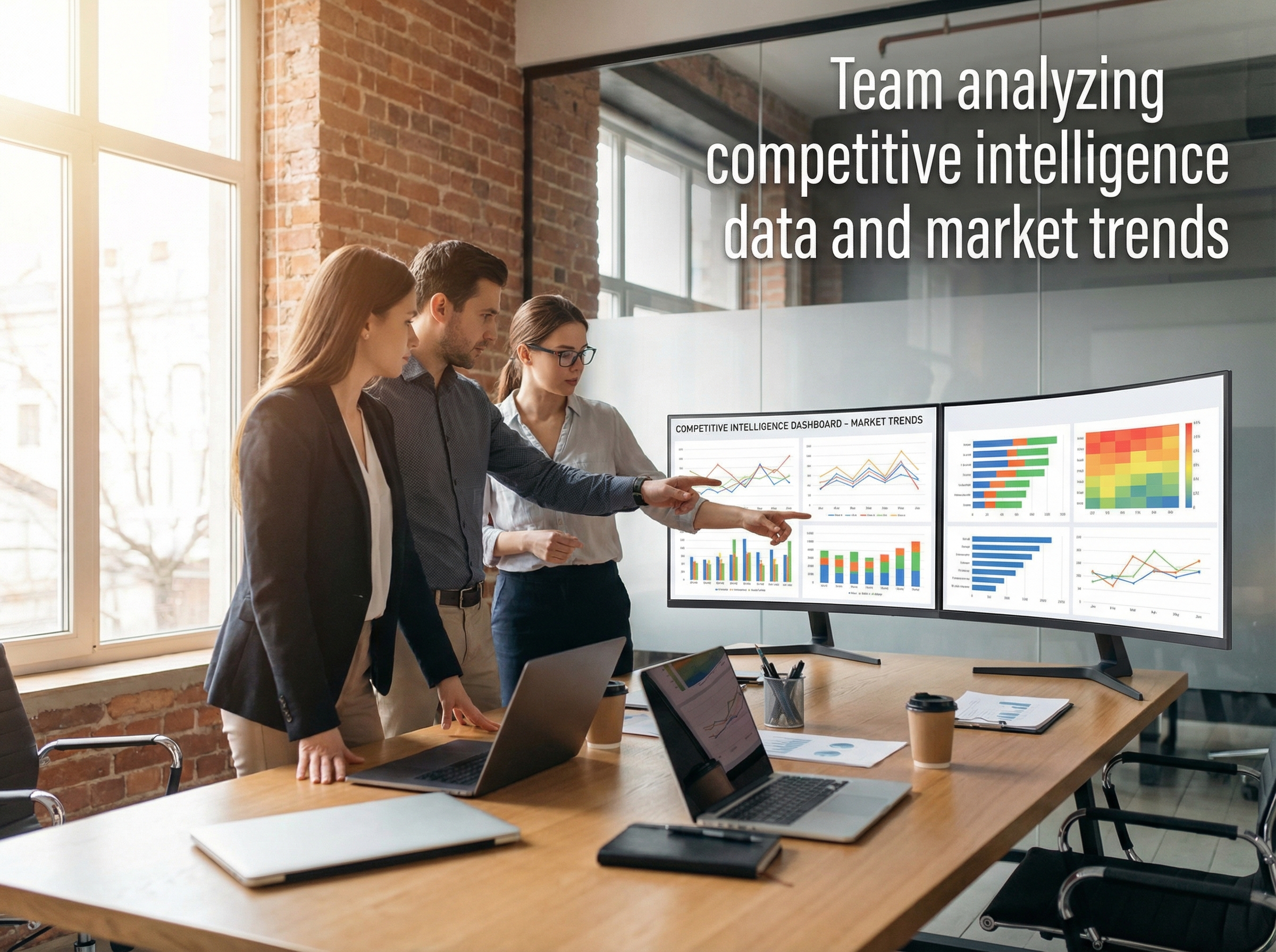 Team analyzing competitive intelligence data and market trends