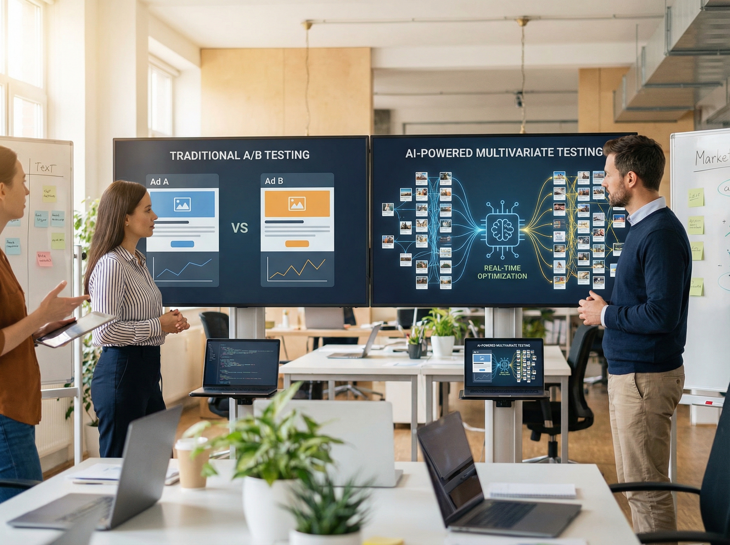 Comparison of traditional A/B testing versus AI-powered multivariate creative testing