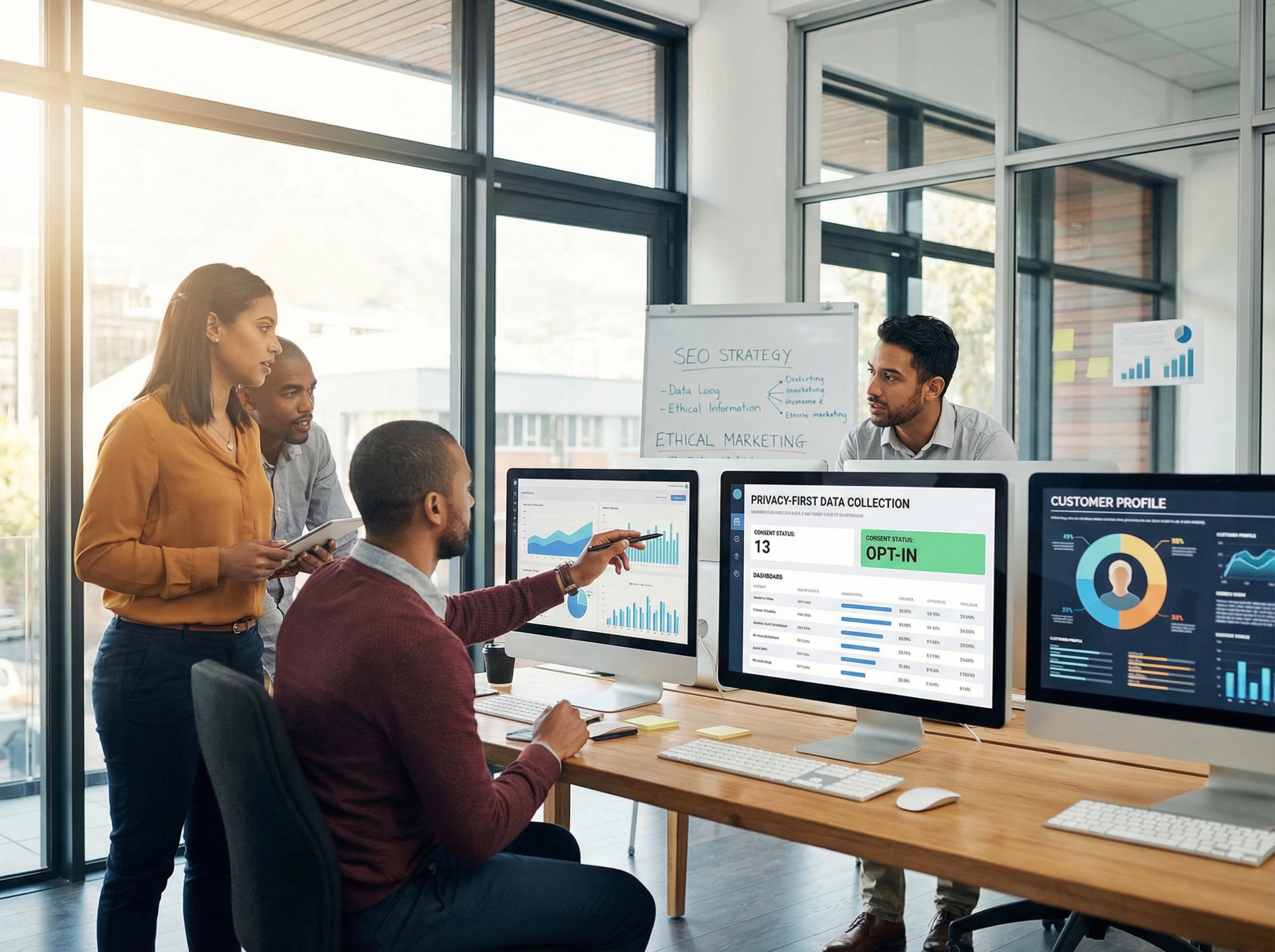 Marketing professionals analyzing first-party customer data in privacy-first environment