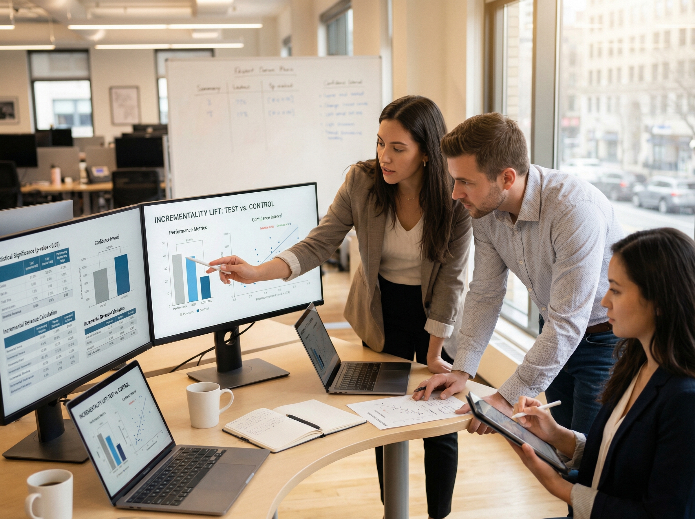 Marketing analysts reviewing incrementality test results and statistical analysis