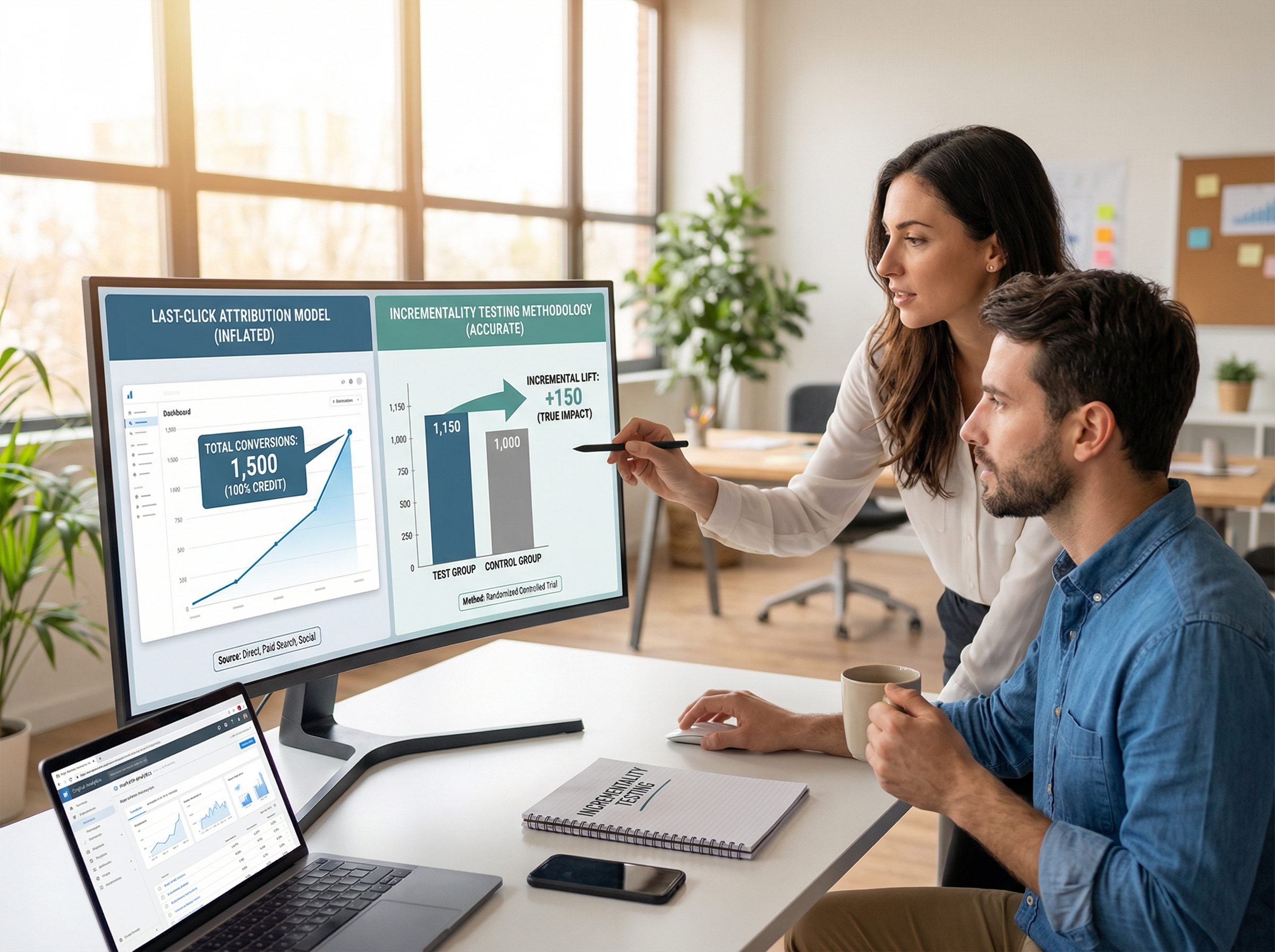 Comparison of last-click attribution versus incrementality testing methodology