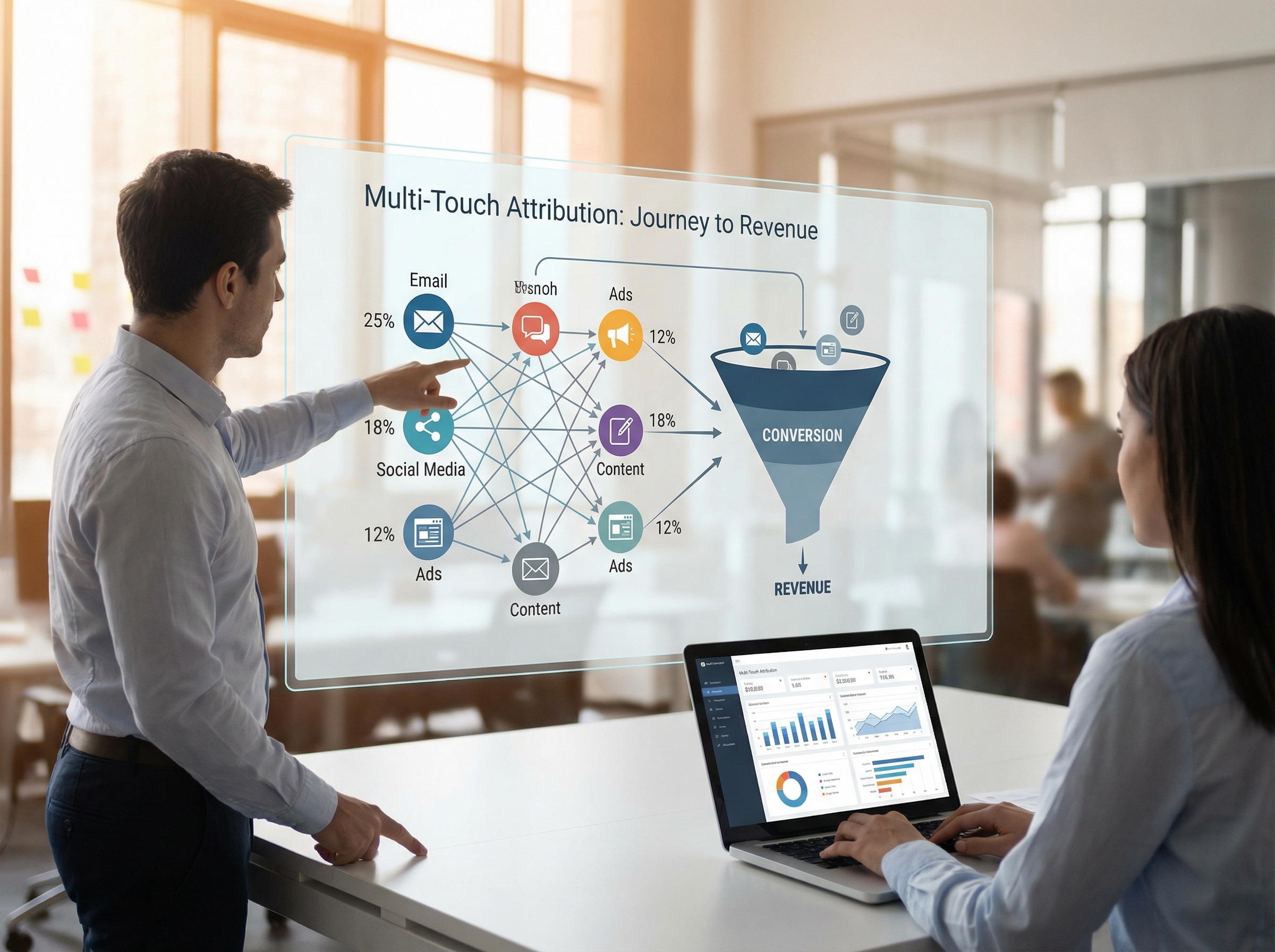 Multi-touch attribution model showing marketing touchpoints to revenue