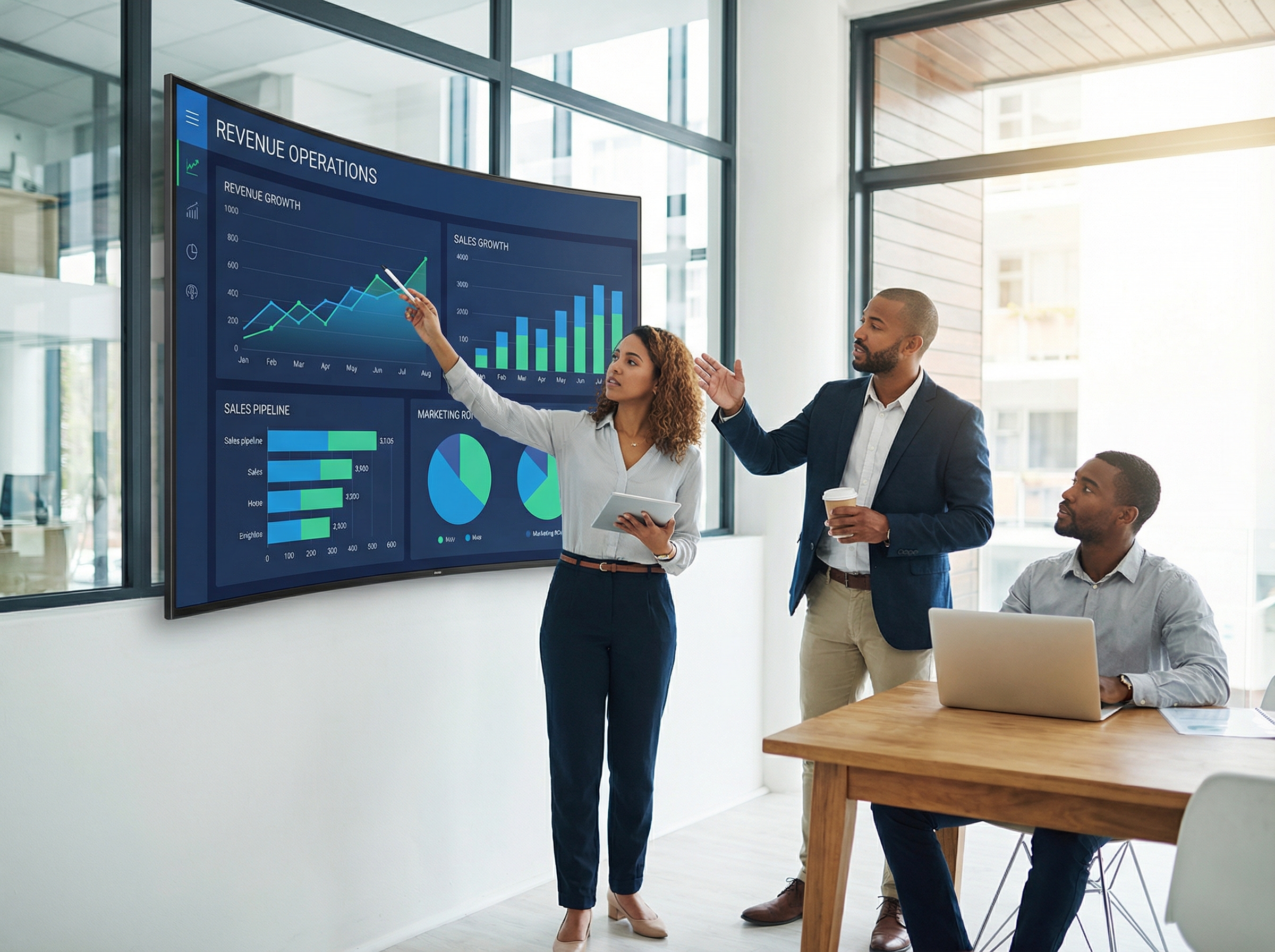 Revenue operations team analyzing unified growth metrics dashboard