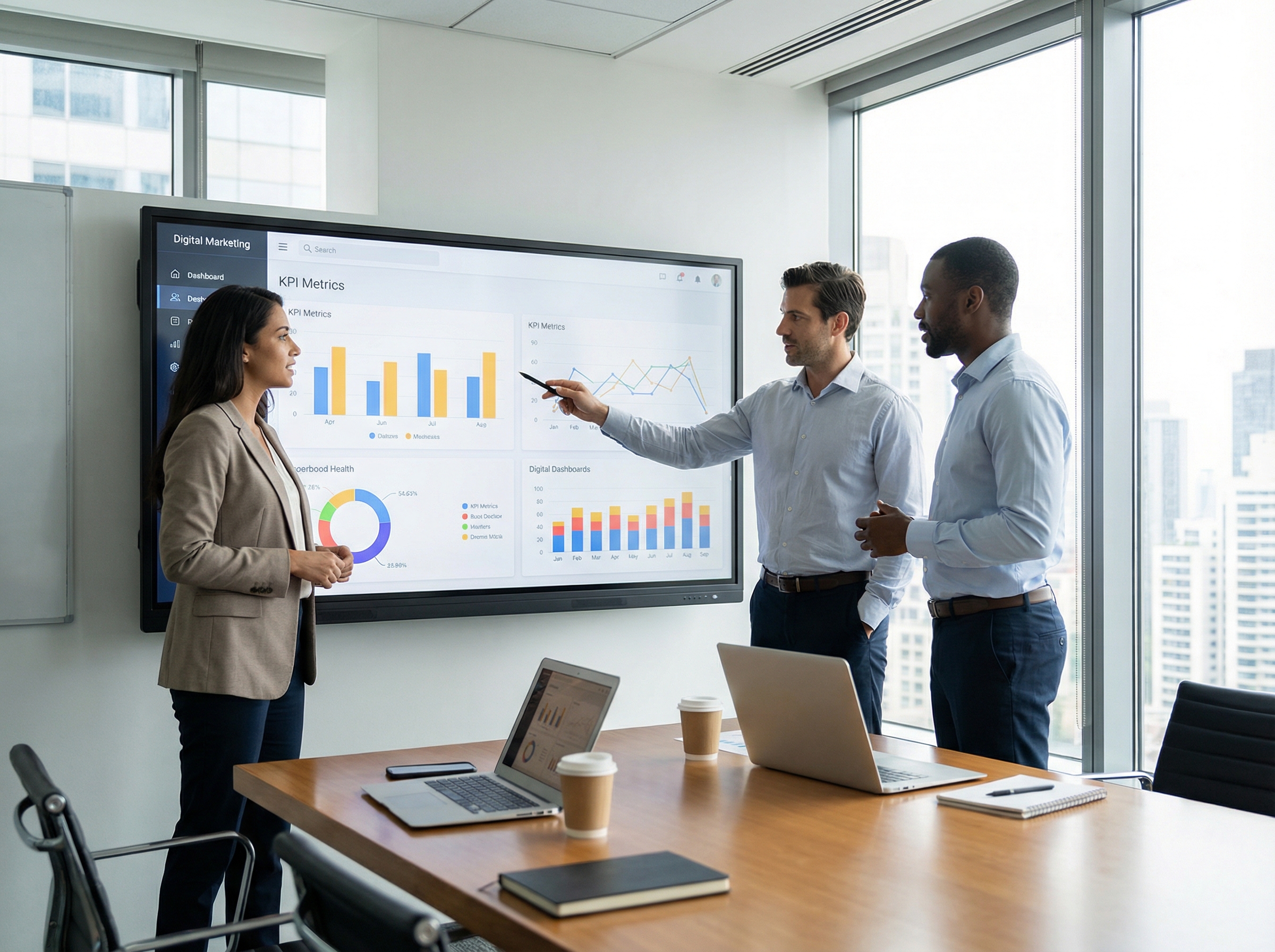 Executives reviewing cross-functional marketing dashboard in strategic meeting