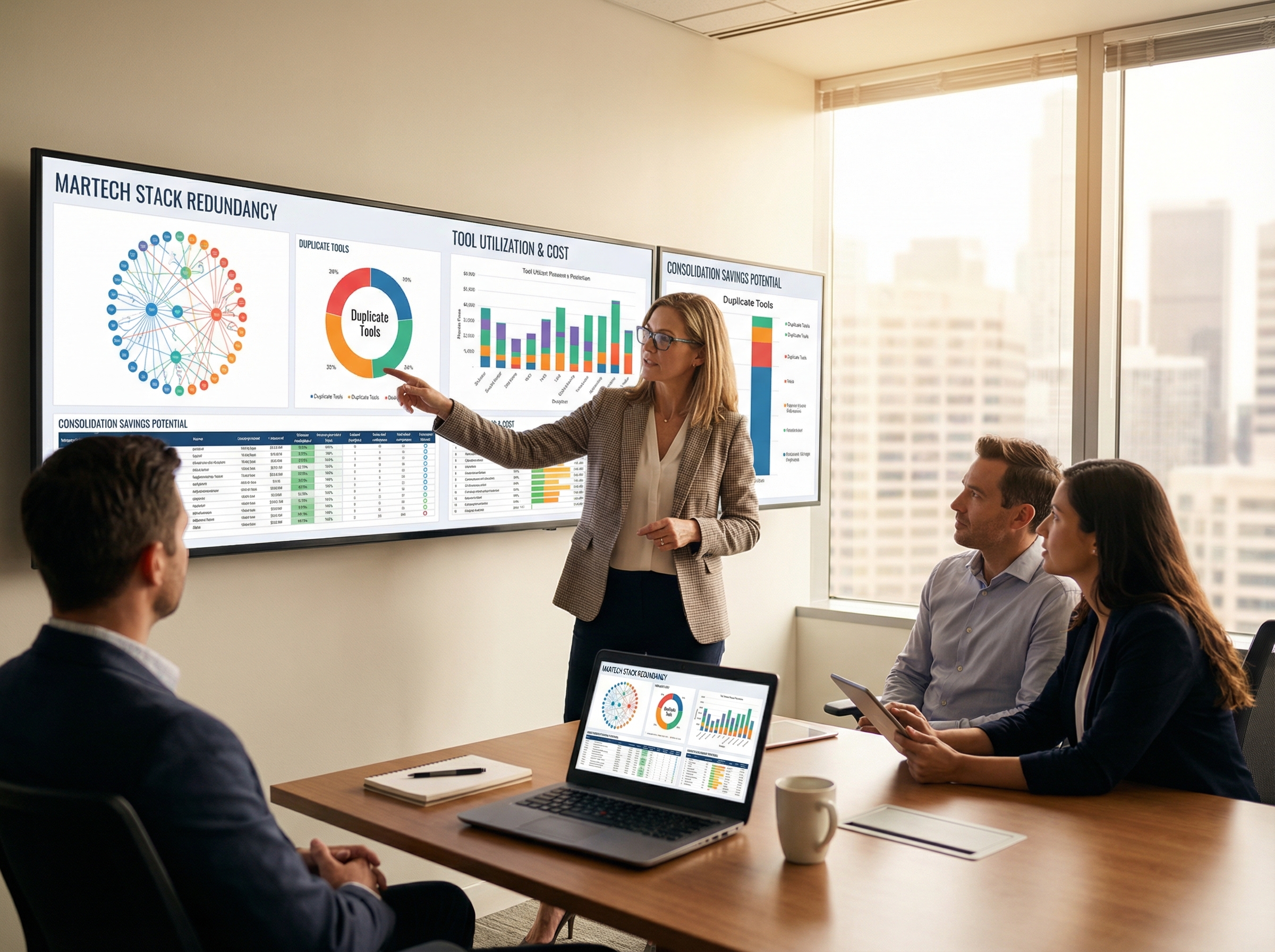 CMO reviewing martech stack consolidation analytics and cost savings data