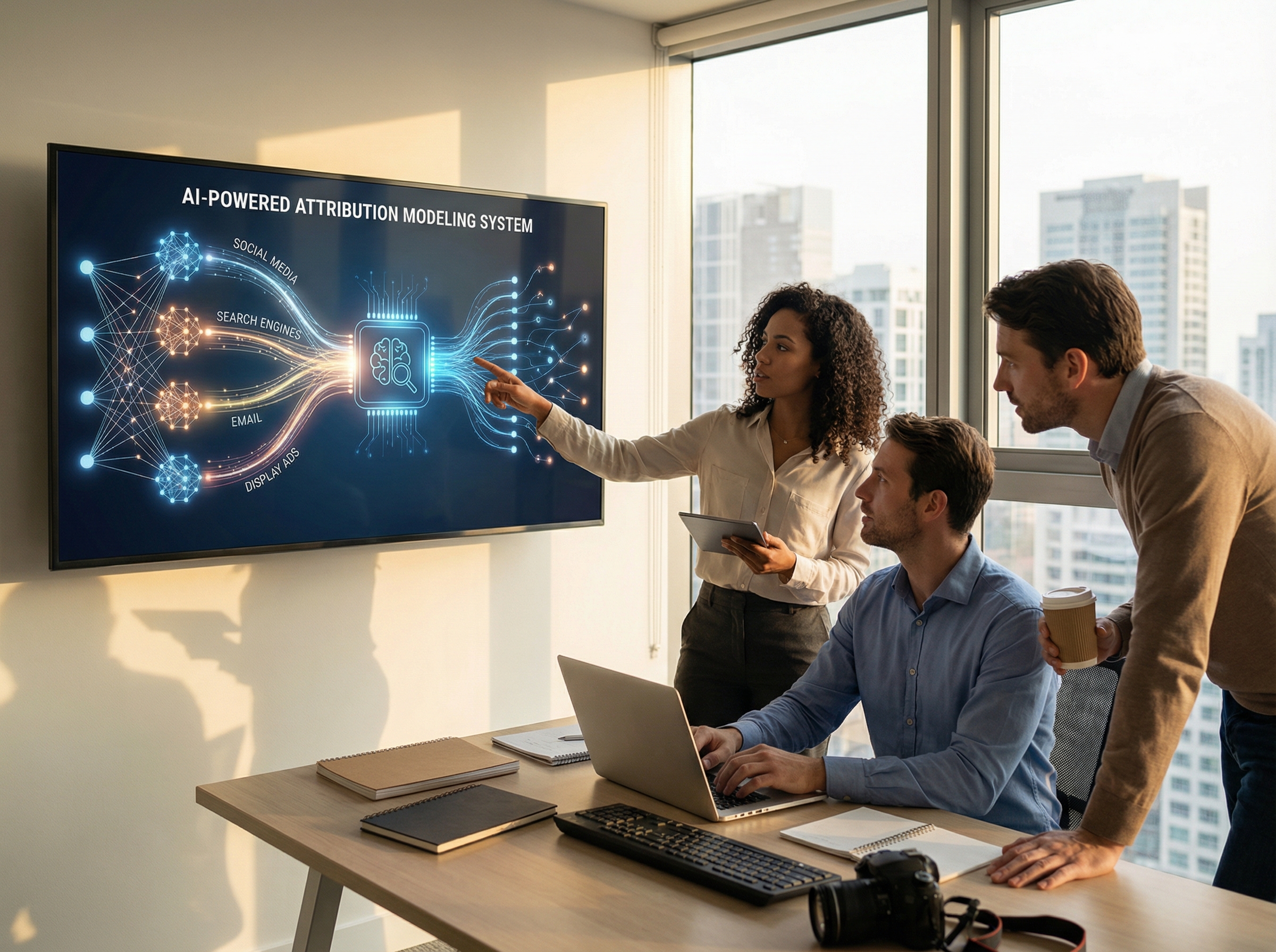 AI-powered attribution modeling system analyzing multi-channel marketing data