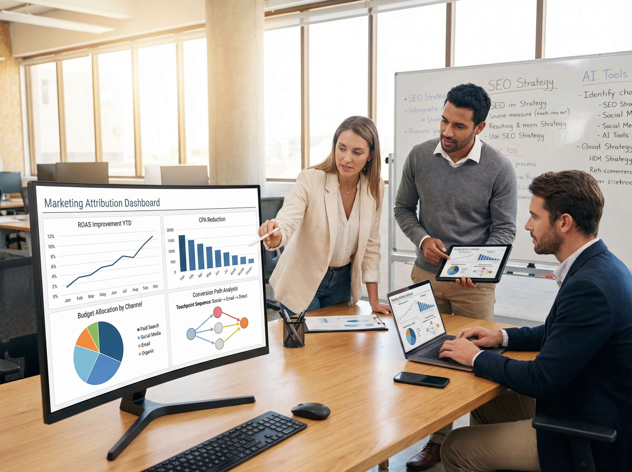 Marketing attribution dashboard showing performance metrics and optimization insights