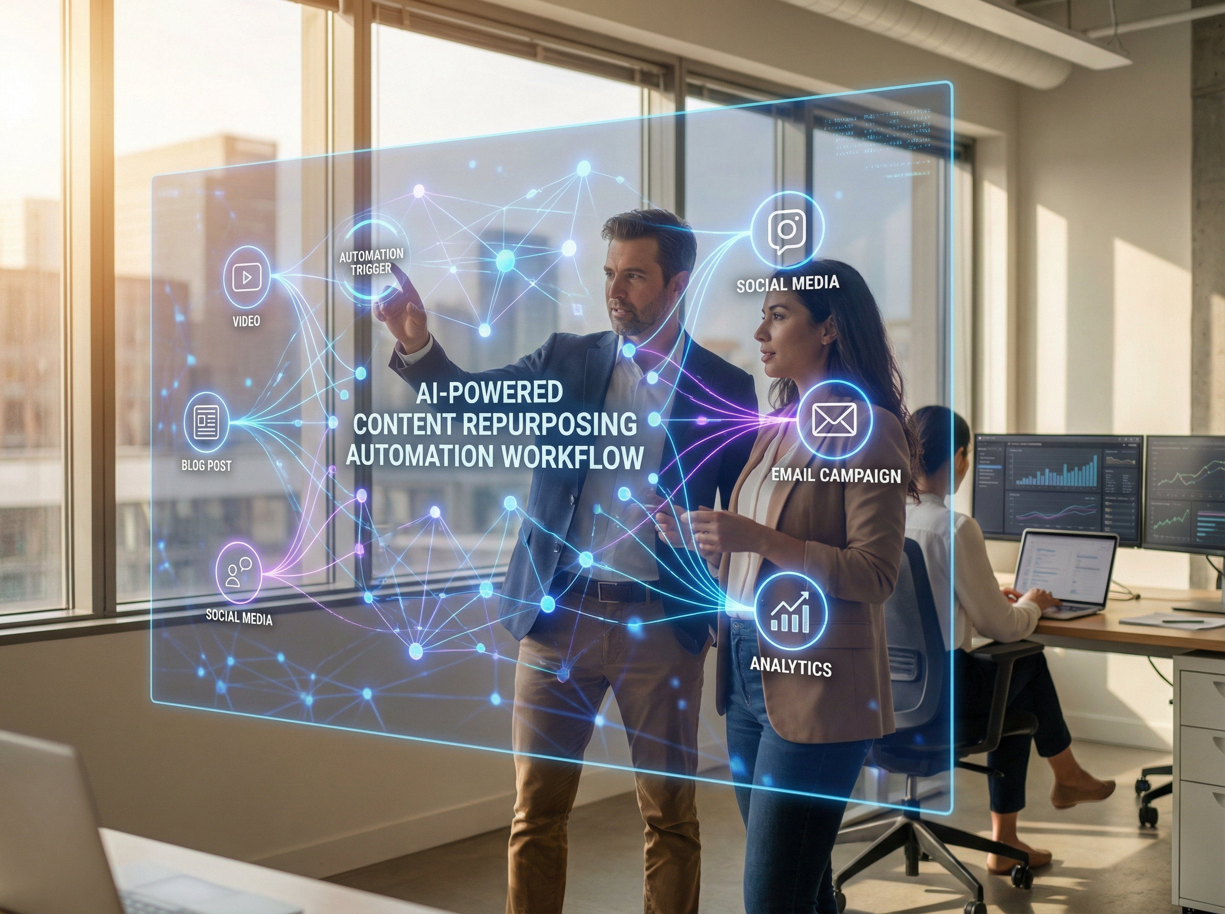 AI-powered content repurposing automation workflow visualization