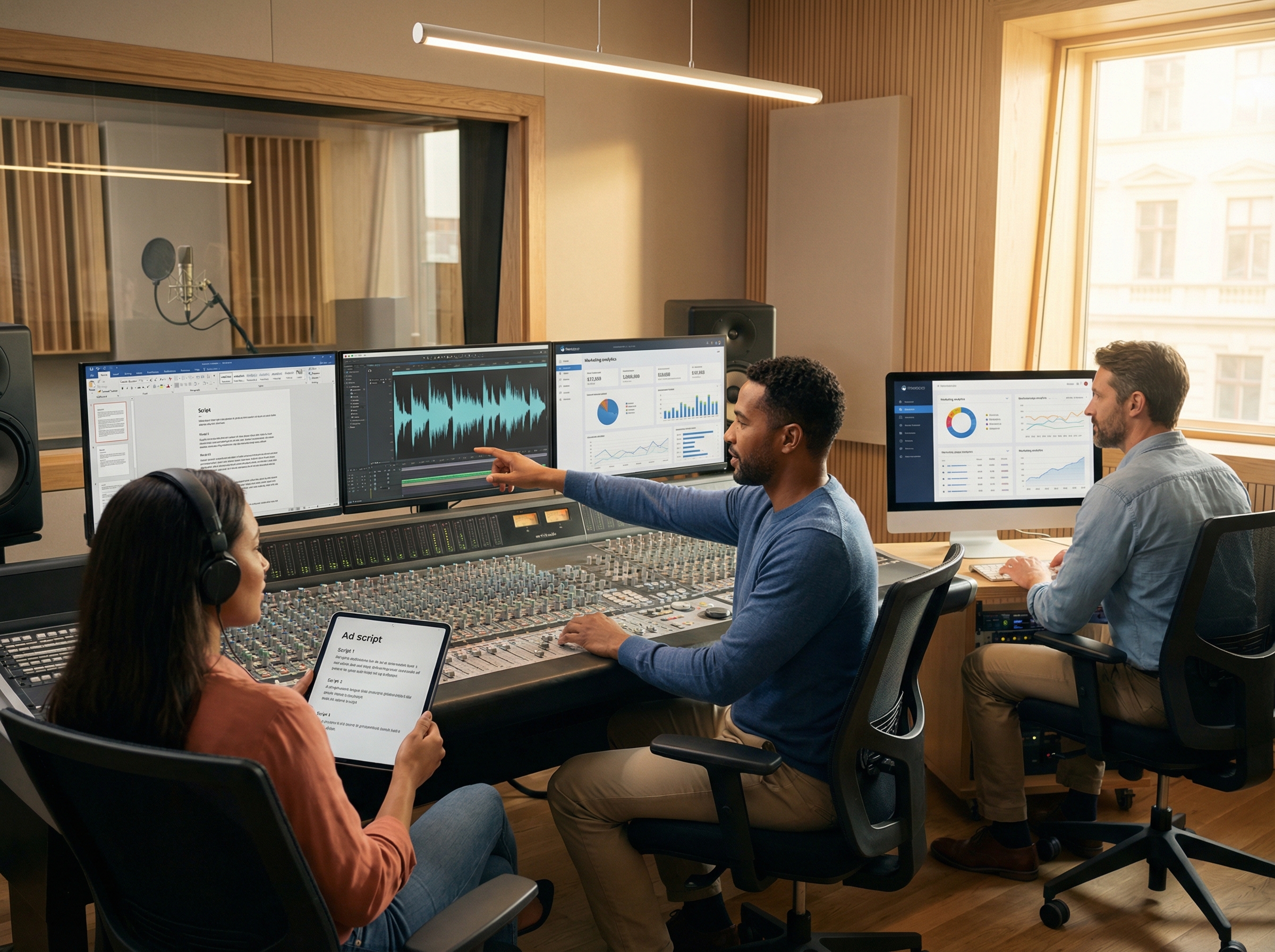 B2B marketing team producing professional audio advertising creative