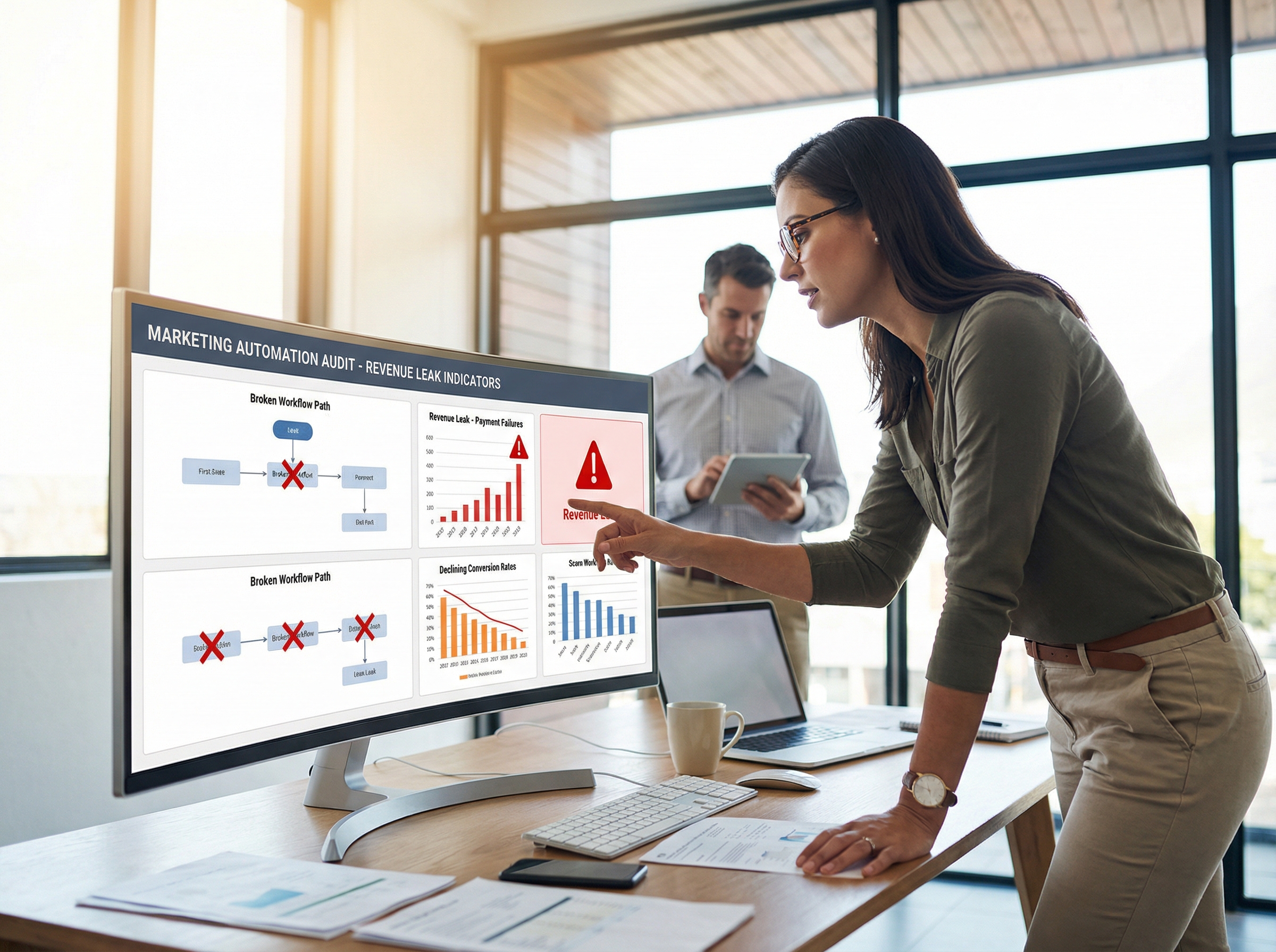 Marketing automation audit dashboard showing revenue leak indicators