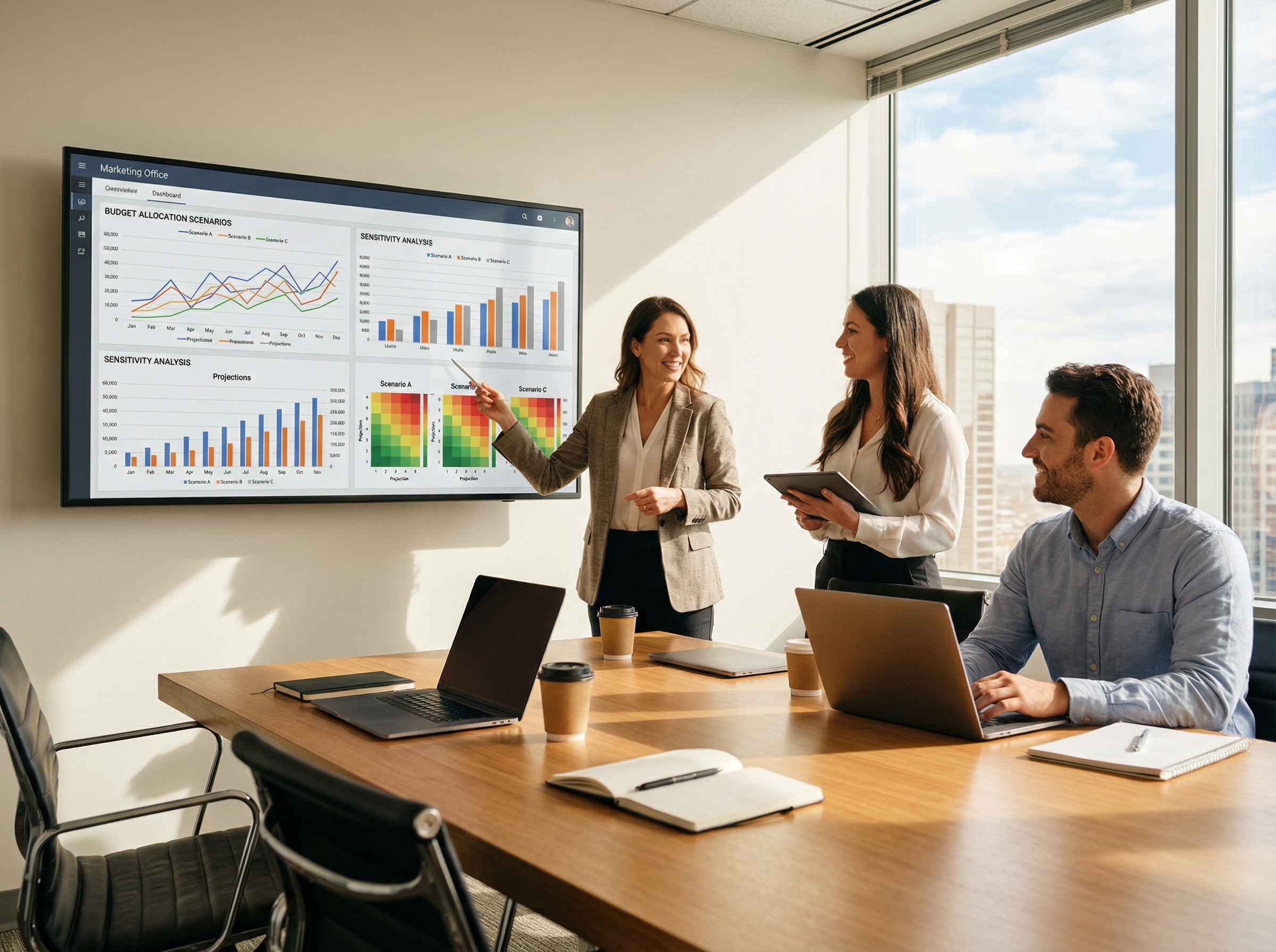 Marketing team analyzing budget allocation scenarios and sensitivity analysis