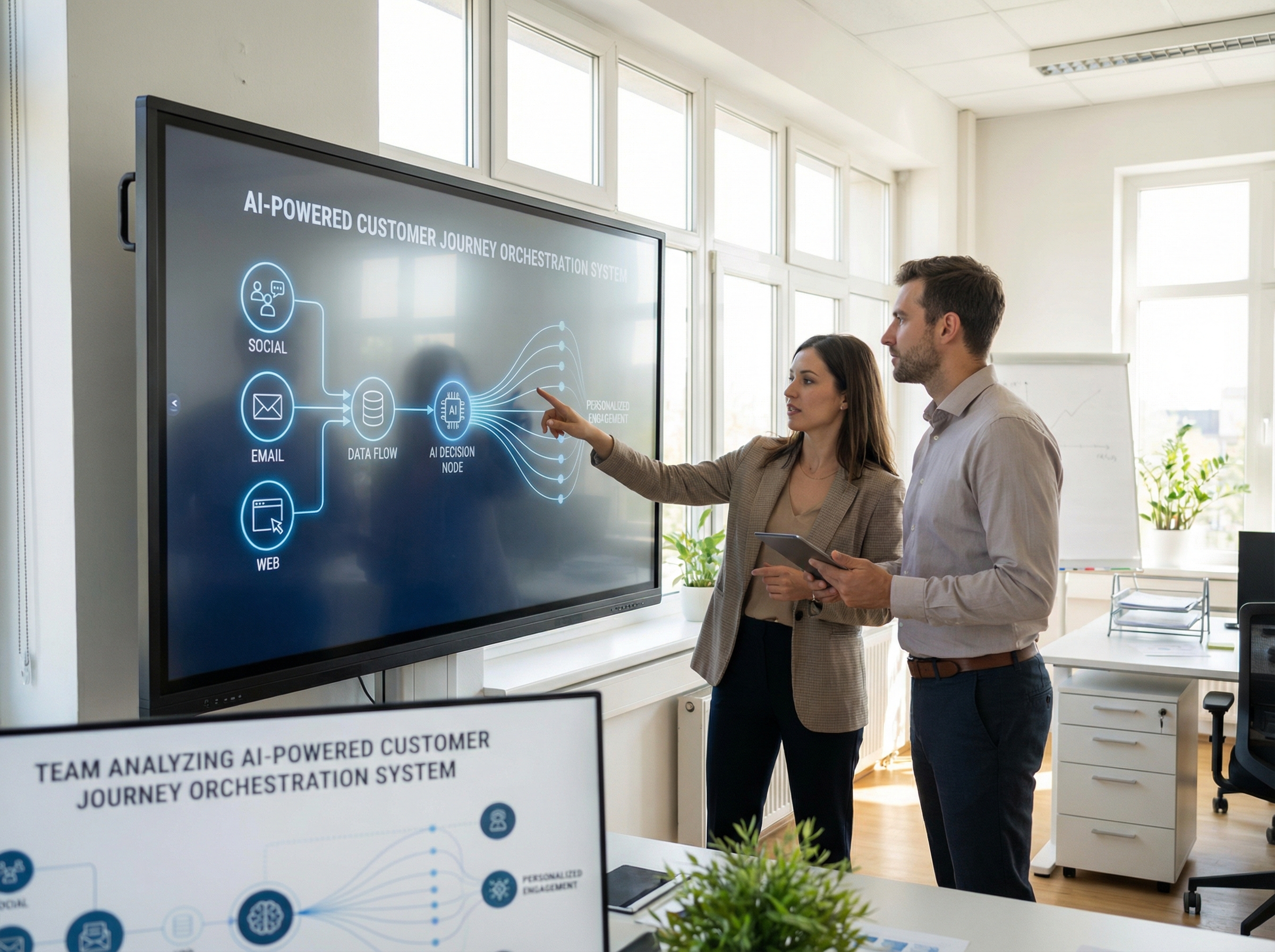 Team analyzing AI-powered customer journey orchestration system