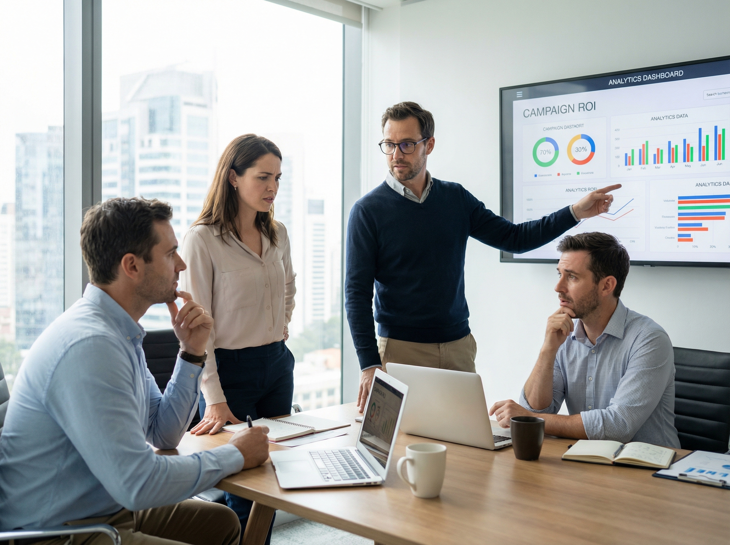 Business team reviewing marketing agency performance reports and analytics