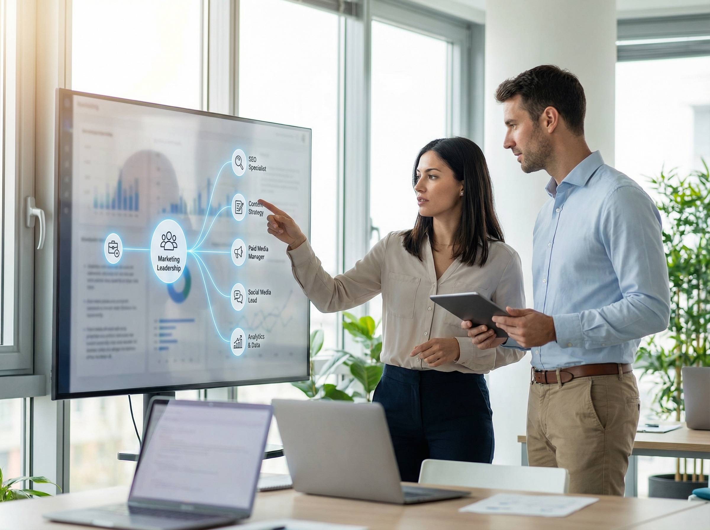 Digital marketing team organizational structure chart with specialist roles