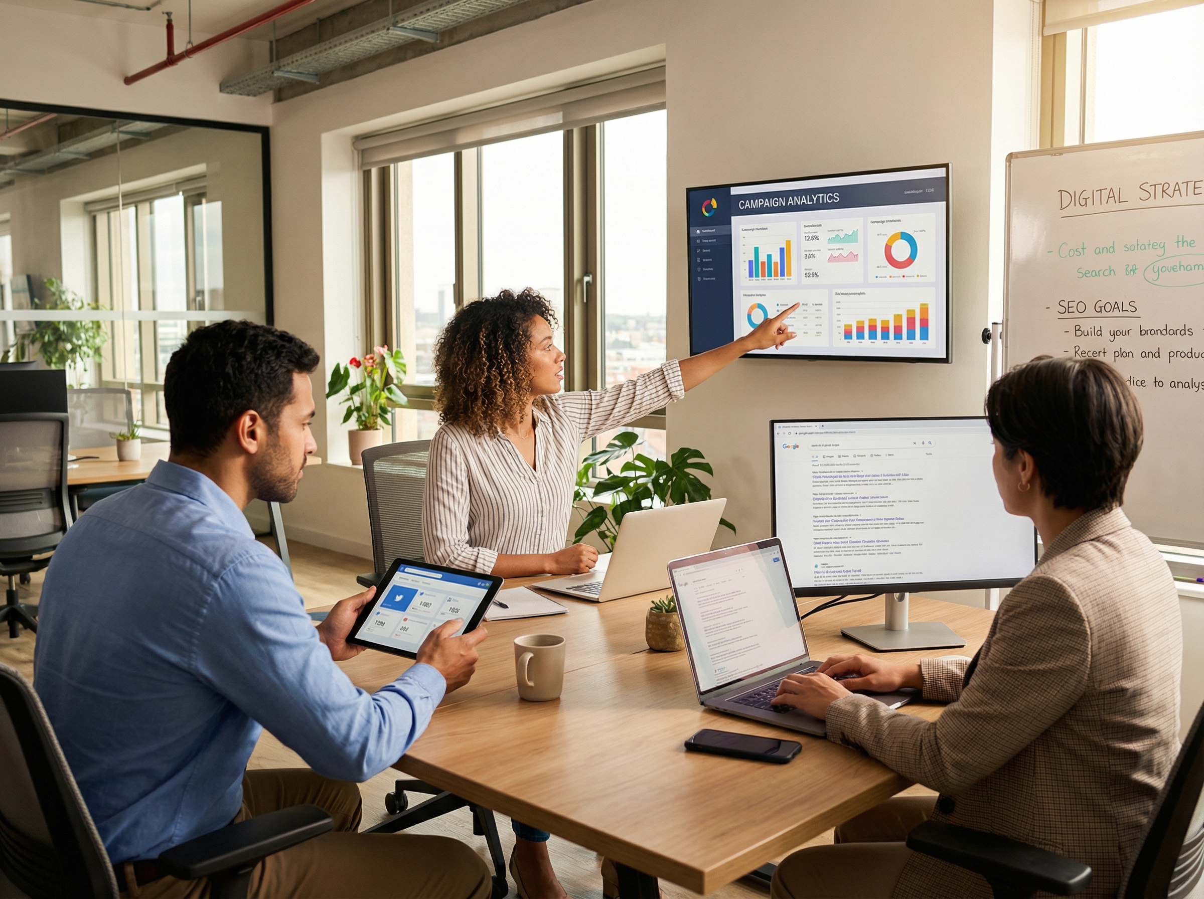 Diverse marketing team collaborating on digital strategy with analytics dashboards