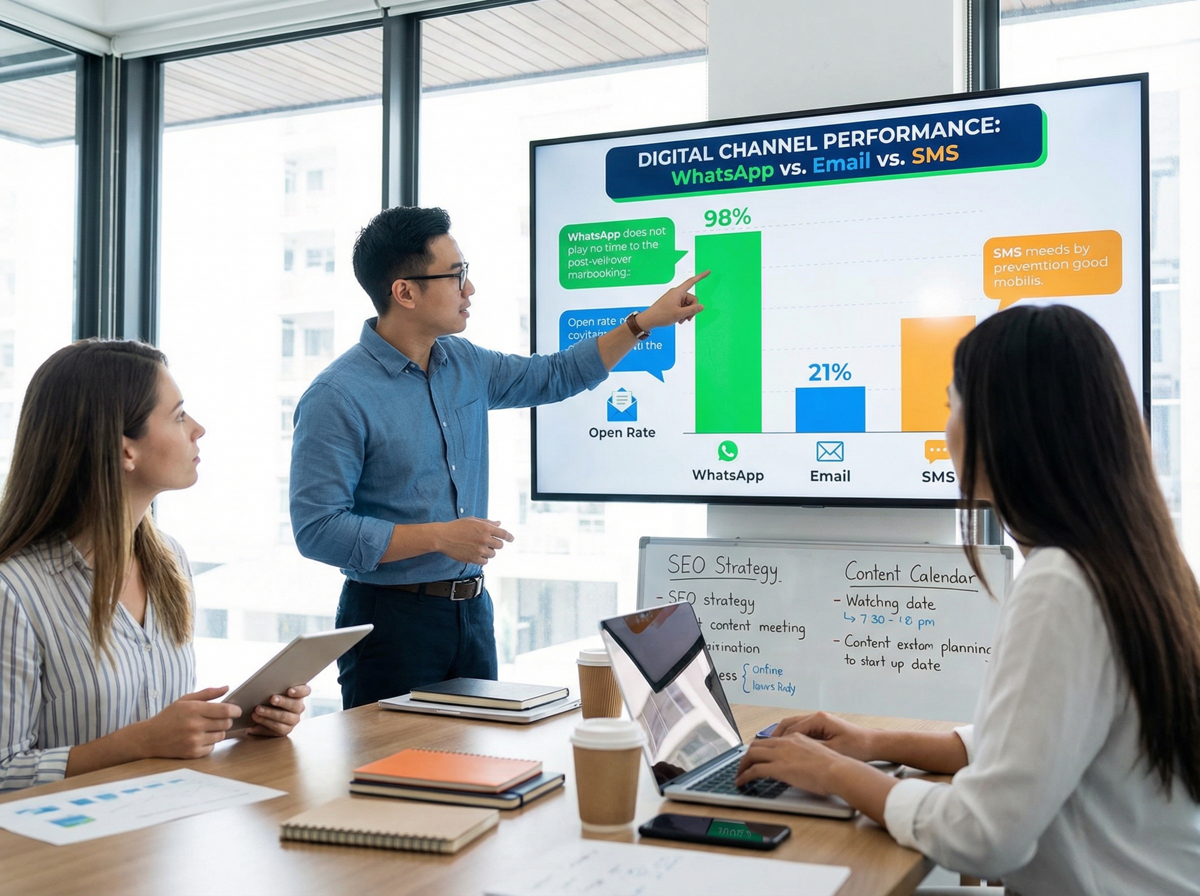 WhatsApp vs Email vs SMS marketing performance comparison chart