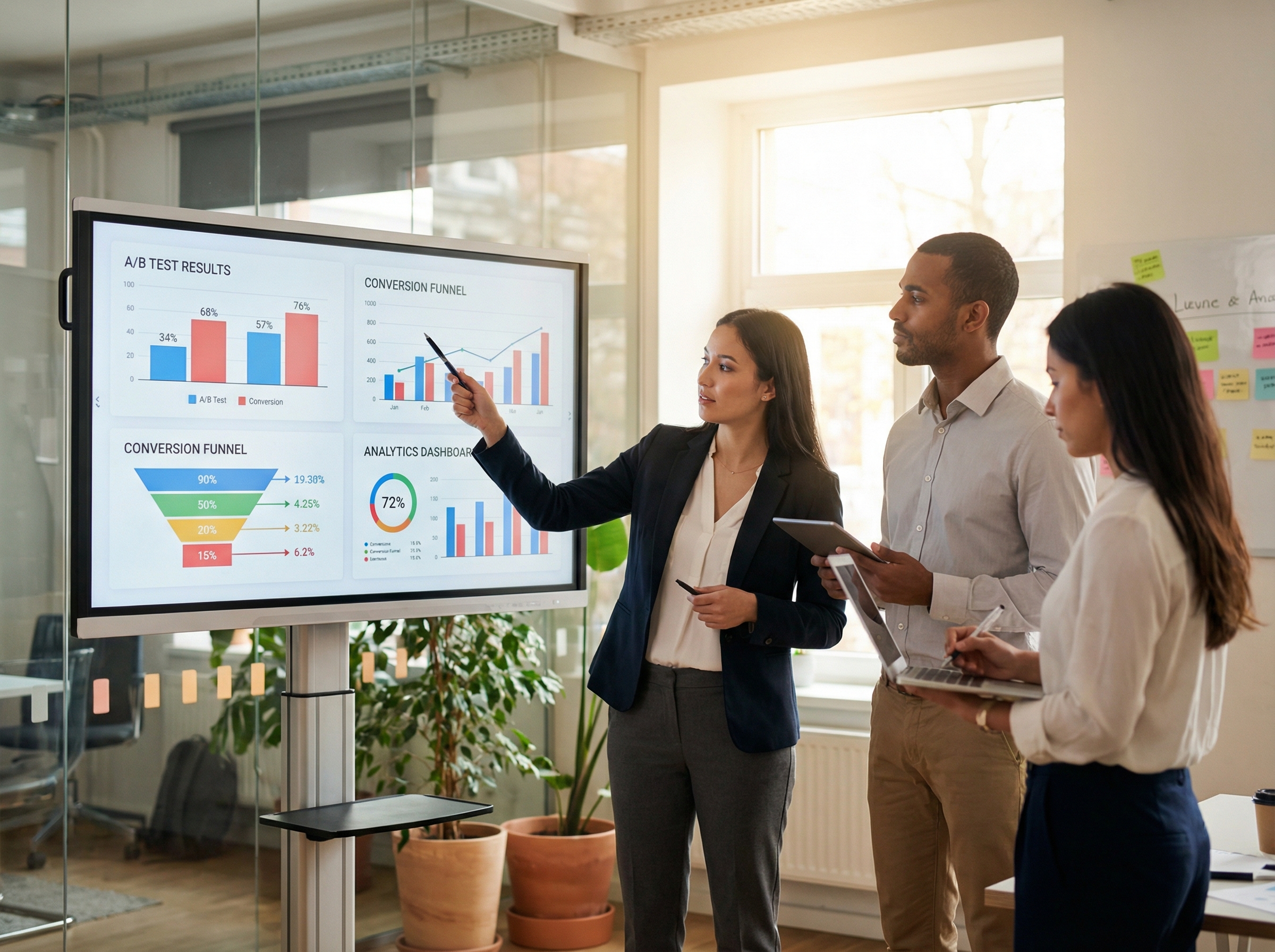 Marketing team analyzing CRO test results and conversion data