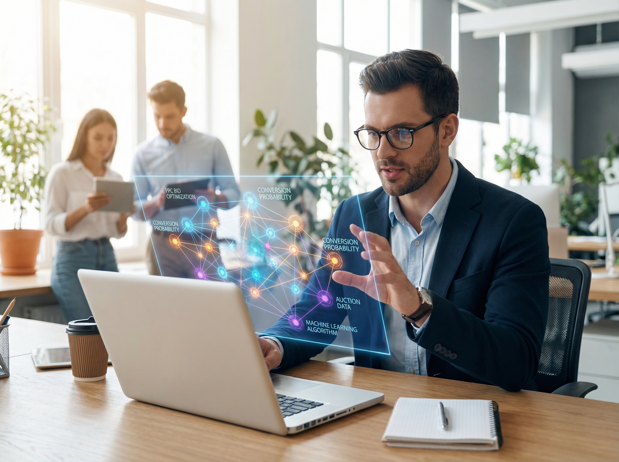 Machine learning bid optimization algorithm visualization for PPC campaigns