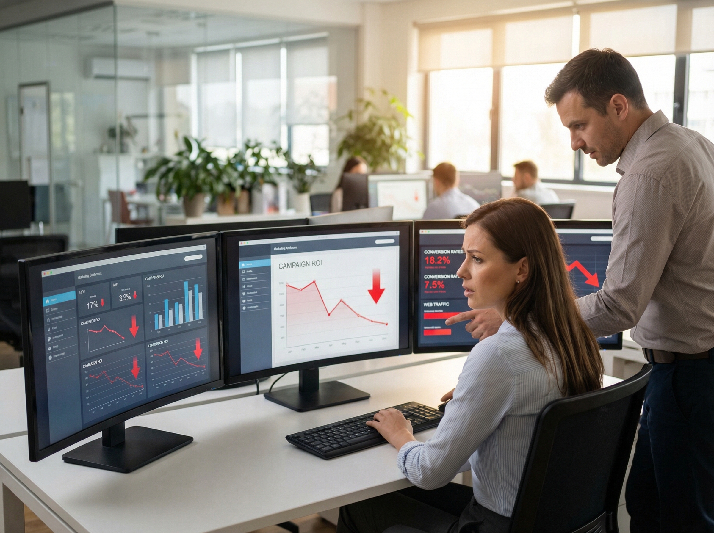 Marketing analyst reviewing underperforming campaign metrics and performance dashboards