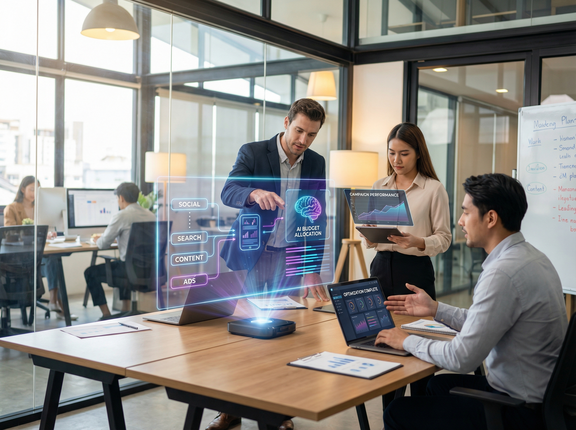 AI-powered marketing budget optimization and automated reallocation system visualization