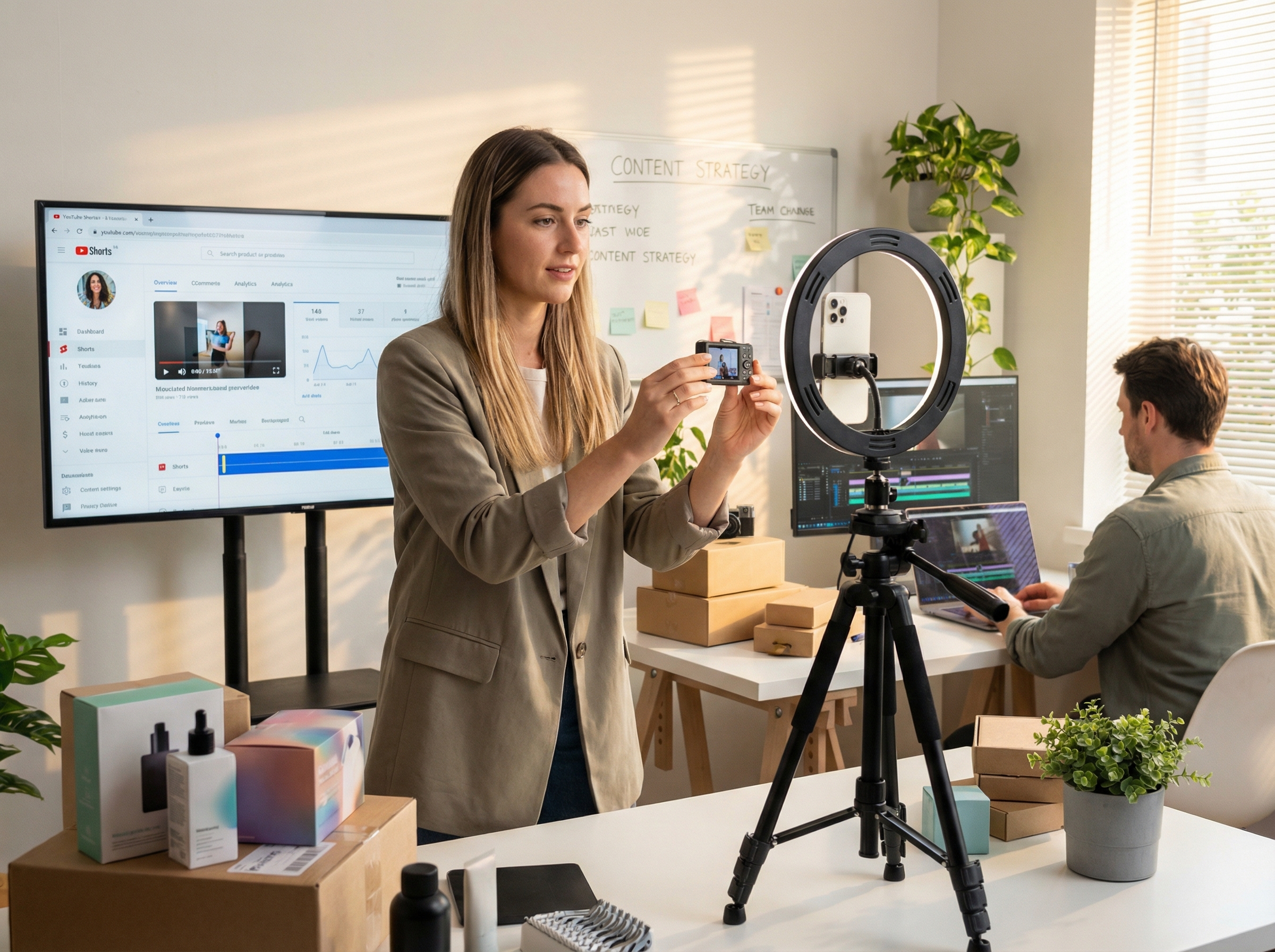 eCommerce content creator filming YouTube Shorts product showcase