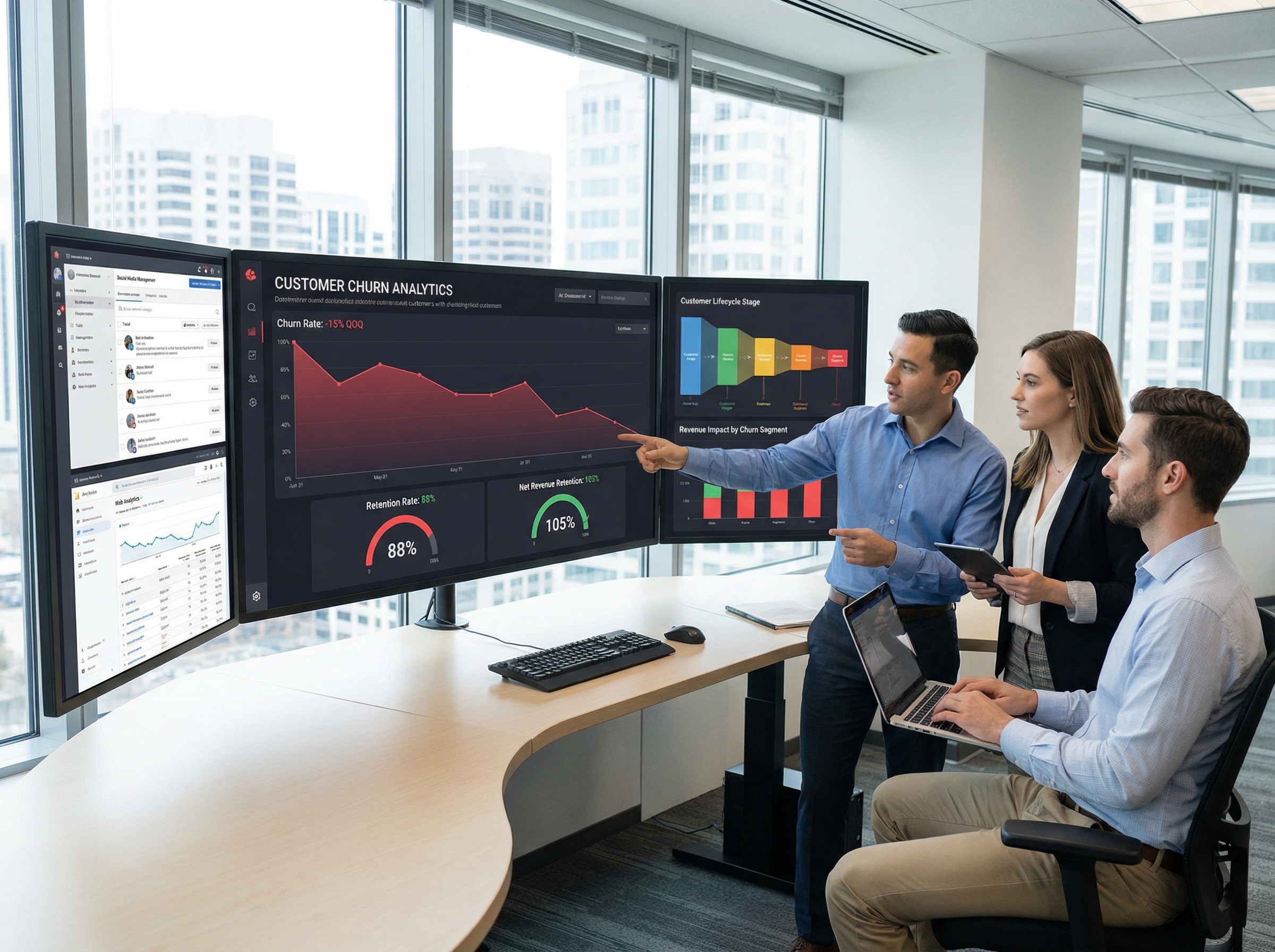 Customer churn analytics dashboard showing retention metrics and business impact