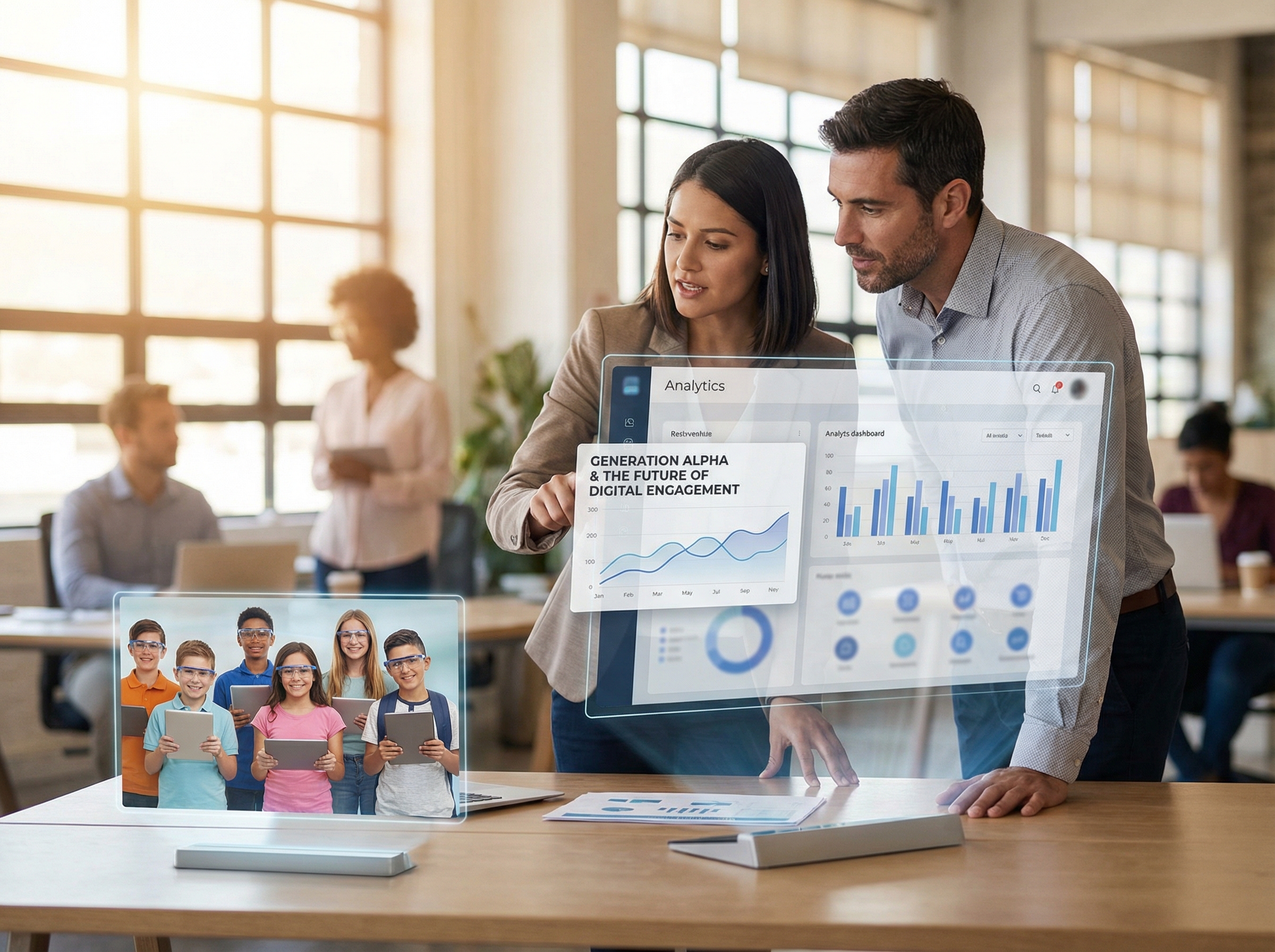 Generation Alpha children interacting with digital technology and AI interfaces