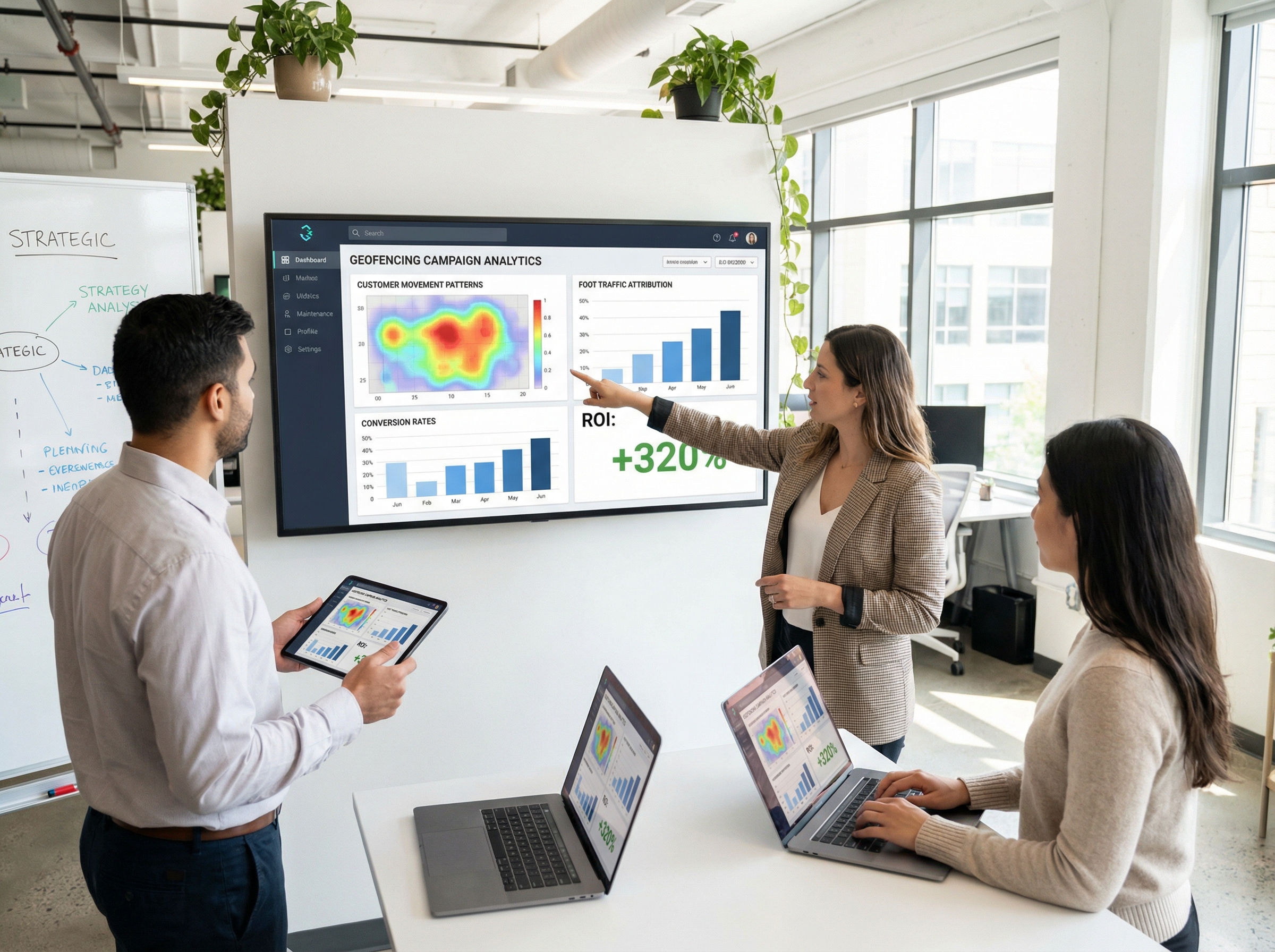 Geofencing campaign analytics dashboard showing performance metrics and foot traffic data