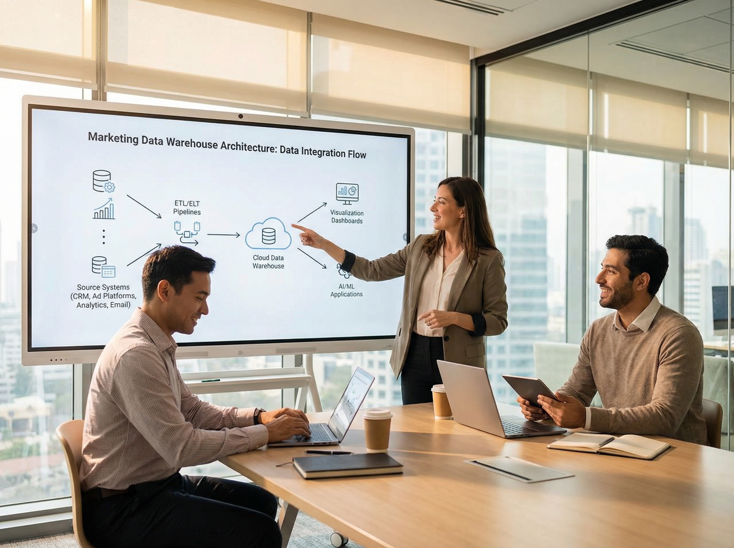 Marketing data warehouse architecture diagram showing data integration flow