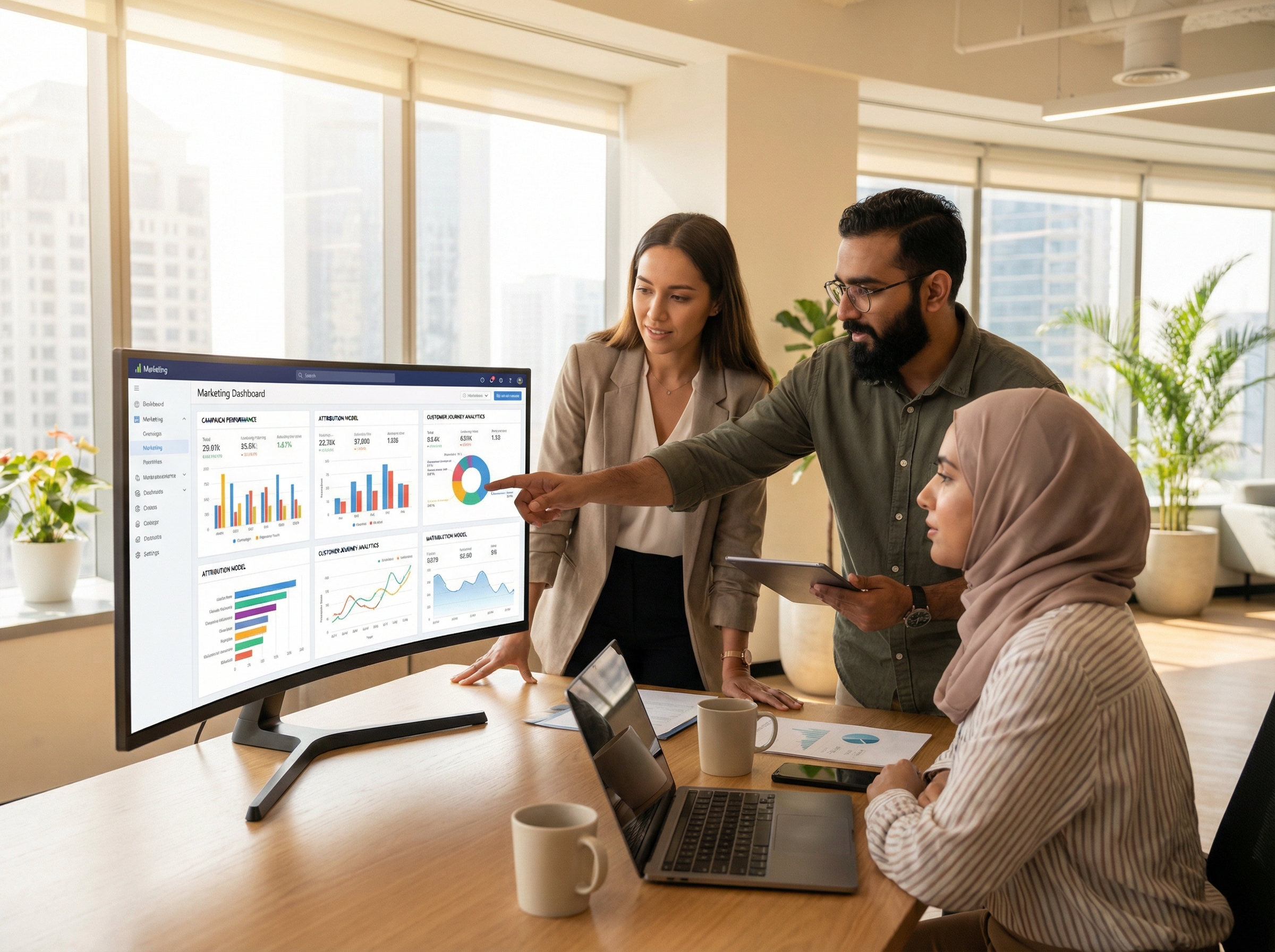Marketing team analyzing consolidated data warehouse dashboards
