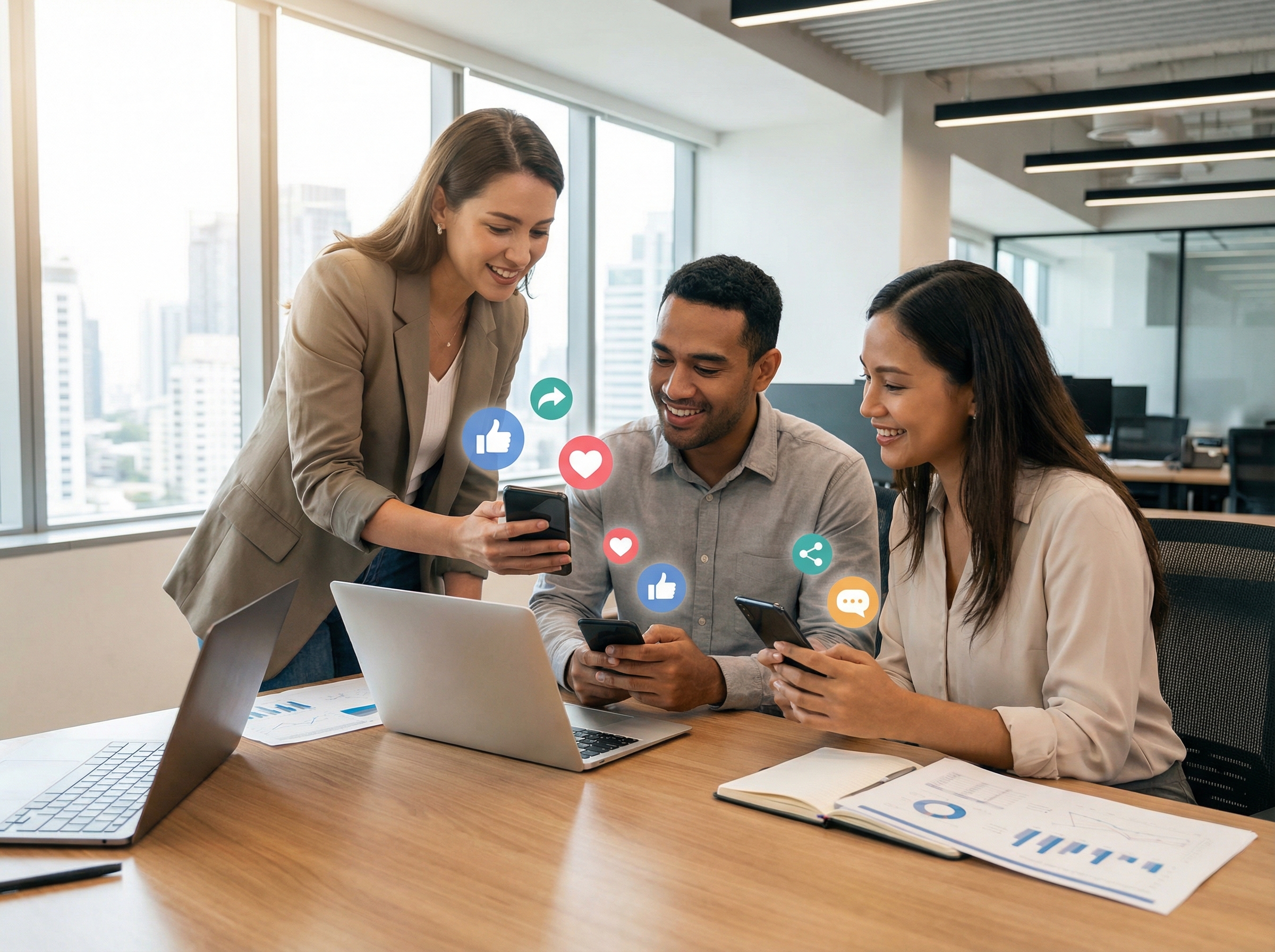 Team members actively participating in employee advocacy program on social media