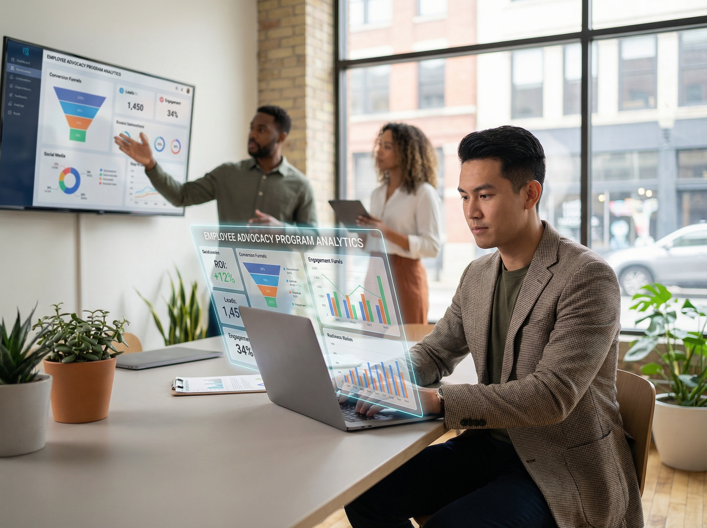 Employee advocacy program analytics dashboard showing ROI and lead generation metrics