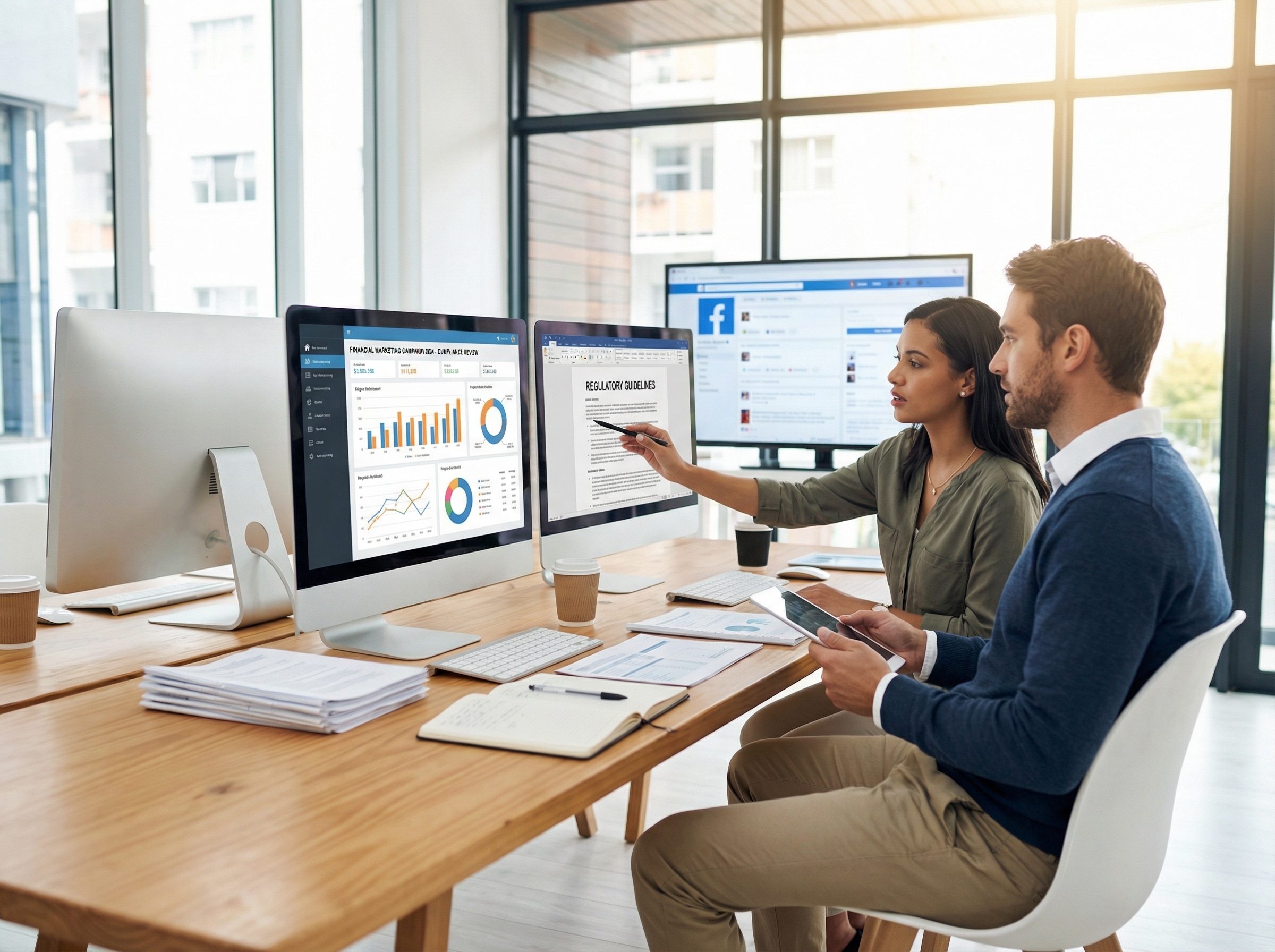 Financial services compliance team reviewing marketing campaigns