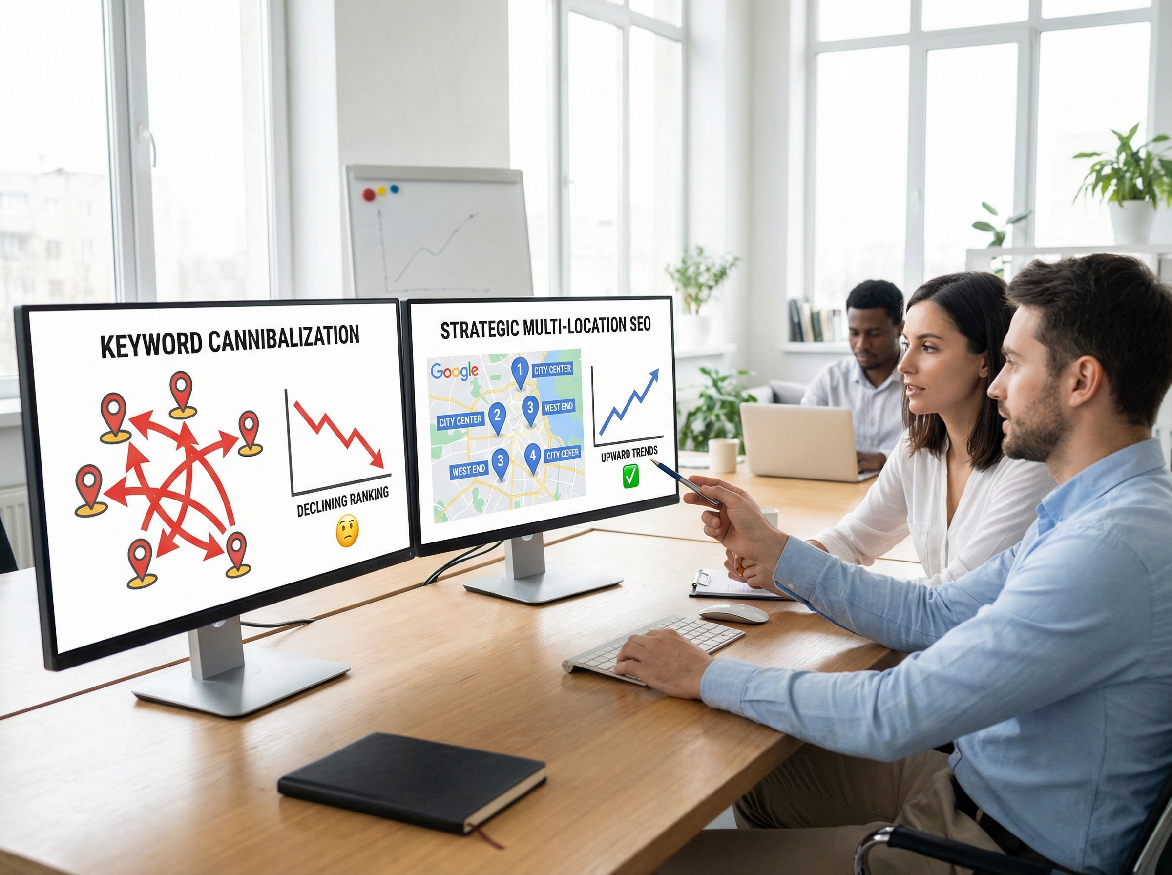 Keyword cannibalization vs strategic multi-location SEO visualization
