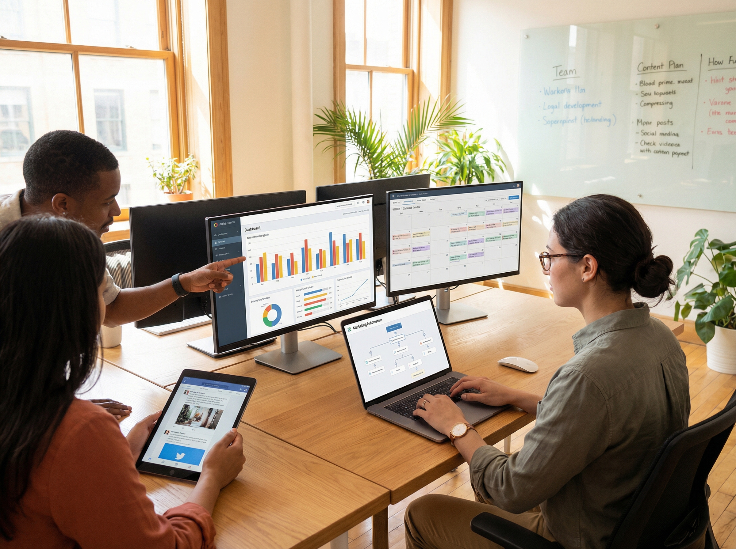 Marketing operations team analyzing performance metrics and dashboards