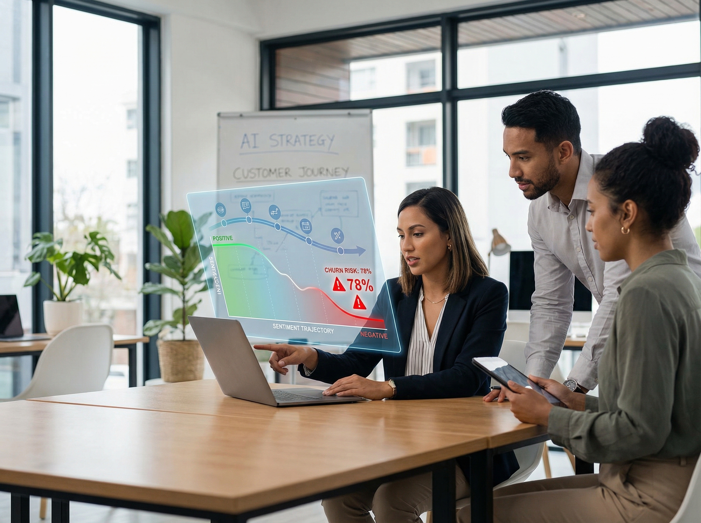 AI-powered customer churn prediction visualization showing sentiment trajectory and risk indicators